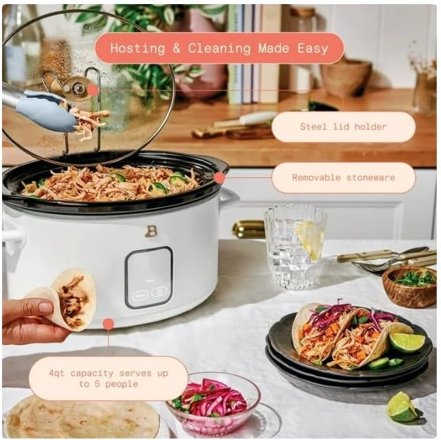 Beautiful by Drew Barrymore 4~Quart Programmable Slow Cooker with Touch Display, Removable Stoneware Pot, 4 Cooking Presets, Auto Warm, Lid Holder, Cool-Touch Handles, Dishwasher Safe ~ (White Icing).
