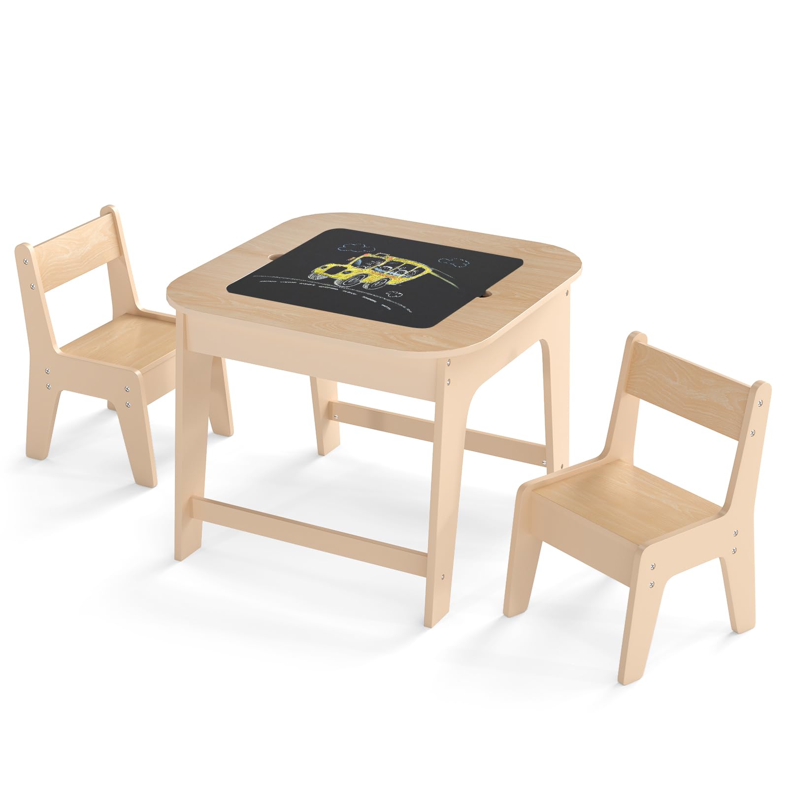 COSTWAY Juego de Mesa y Sillas para Niños, Juego de Mesa de Actividades Infantil con Almacenamiento Oculto, 2 Sillas Ergonómicas, Set de Muebles para Arte, Manualidades (Natural)