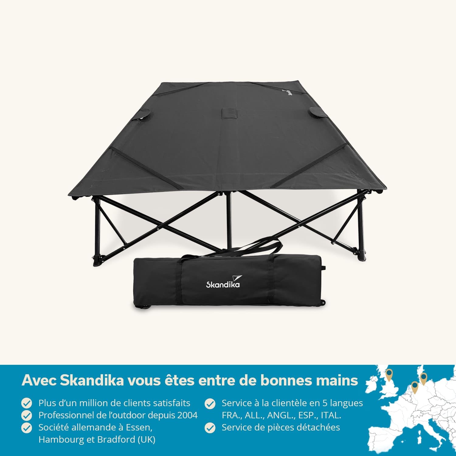 Skandika Lit de Camp Bodo| Lit de Camp Double pour 2 Personnes, Lit de Camping Pliable, supporte jusqu'à 250 kg, Lit d'appoint | Lit de Camping pour l'extérieur, Le Balcon, Le Jardin