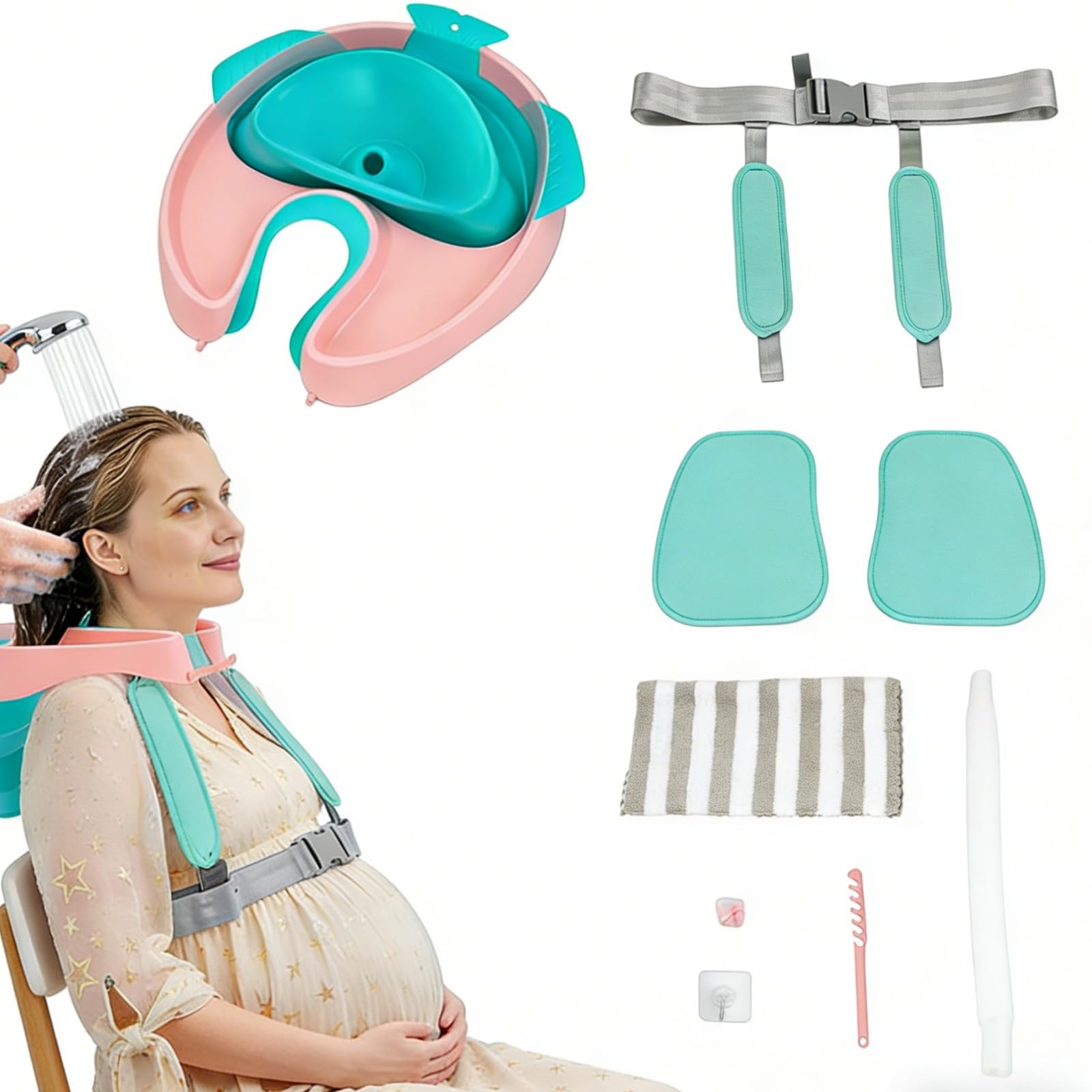 Lavabo ergonomico portatile per capelli con cinghia regolabile e tubo di scarico, lavandino pieghevole per lavare i capelli a letto, anziani, donne incinte e disabili
