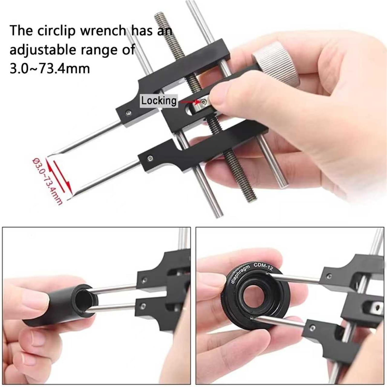 Optischer Sprengringschlüssel, verstellbares Sprengringwerkzeug, 3,0–76,2 mm Einstellbereich, Edelstahl, Doppelendwerkzeug für Spiegelring-Installation und Entfernung