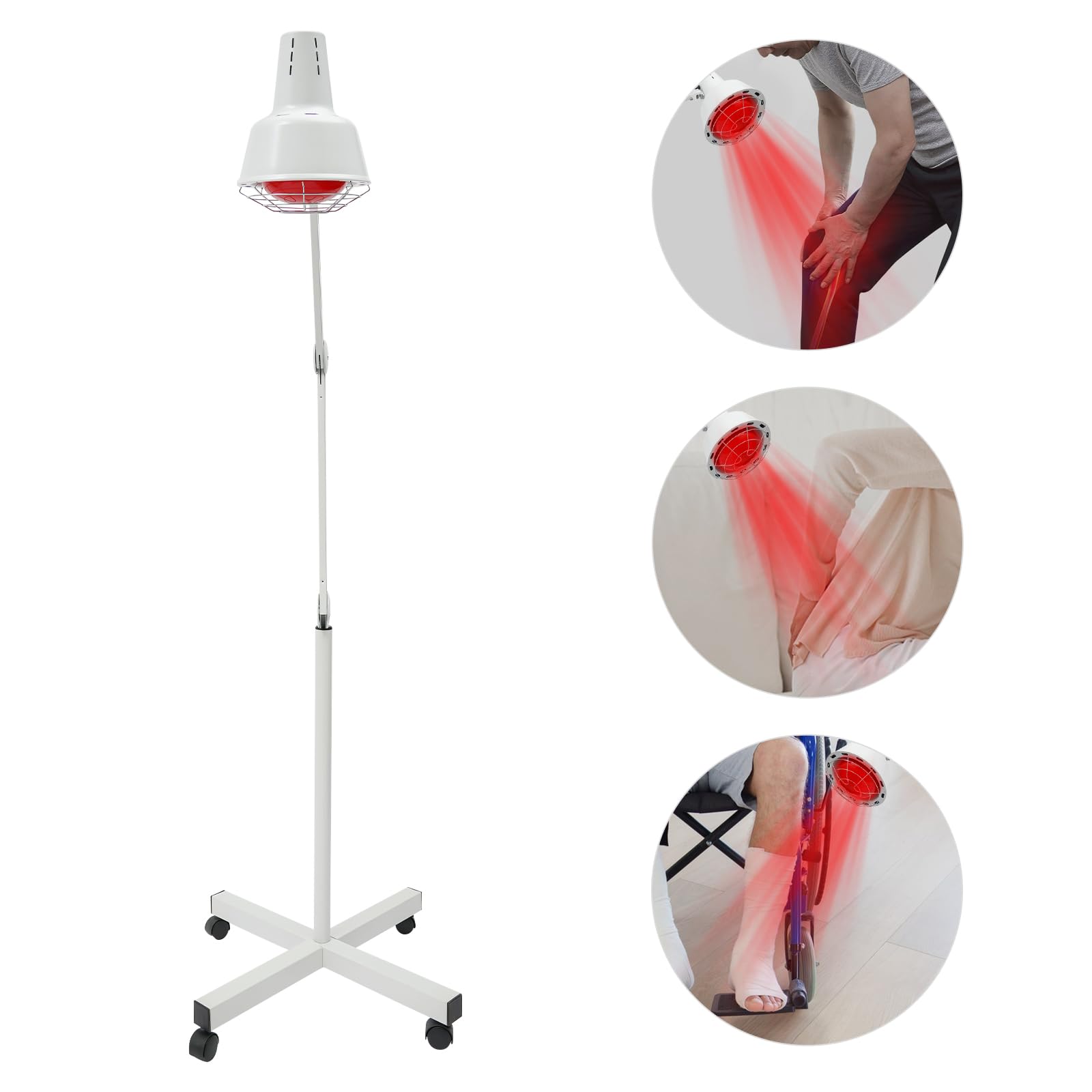 Lámpara de luz roja infrarroja, 275 W, 360°, lámpara de luz roja con base y 4 ruedas universales, temperatura ajustable de 0-90 °C, uso doméstico portátil con luz infrarroja