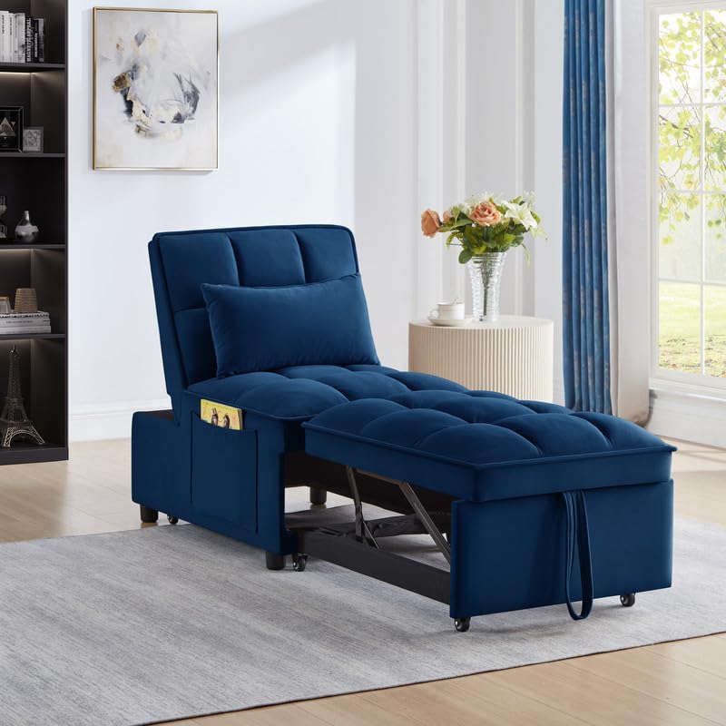 Multi-Function Single Sofa Bed, Velvet Upholstered Sleeper Chair with Storage Pocket, Convertible Chaise Lounge Tufted Pull-Out Sofa Bed with Adjustable Backrest and Pillows,Navy