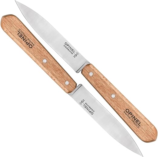Opinel No. 102 Paring Knives 2 PIECE SET, Carbon Steel Everyday Use Prep Knives for Chopping, Peeling, Slicing, Trimming, Stabilized Sustainably Harvested Beechwood Handles, Made in France