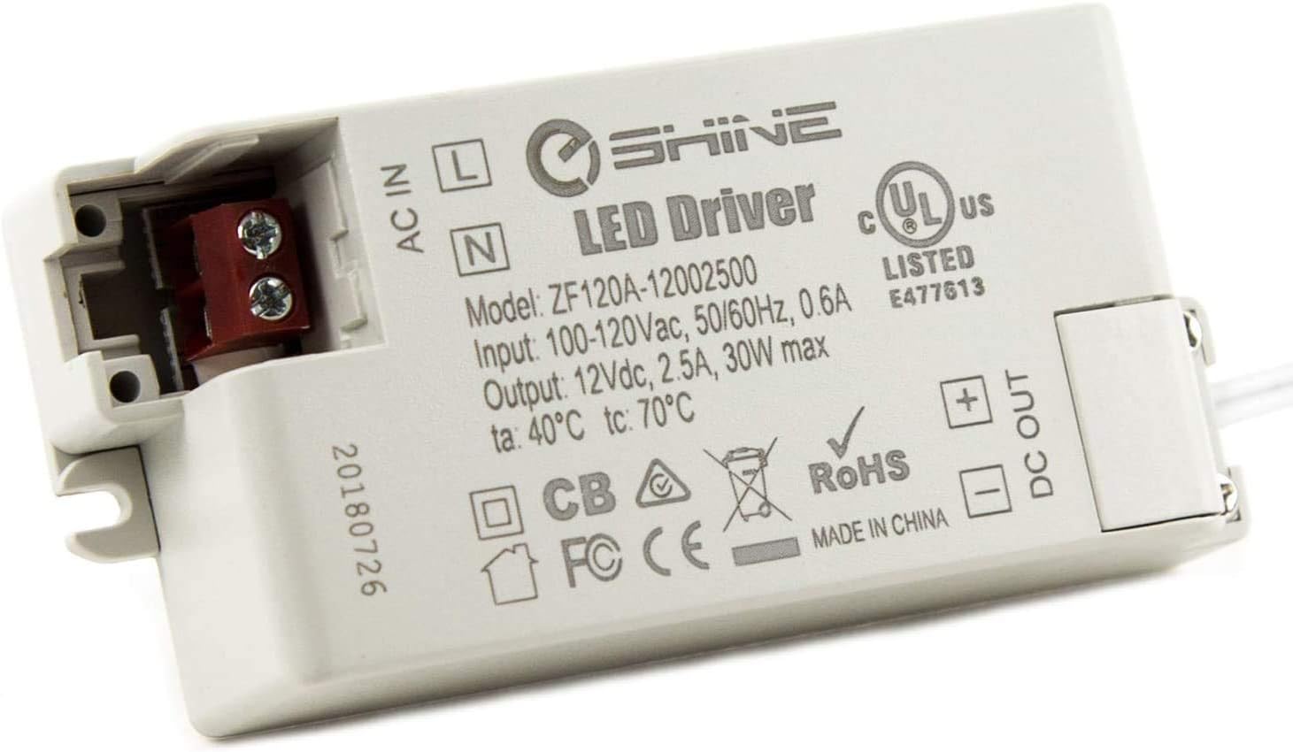 EShine 12V DC 30 Watt 2.5A Power Supply Transformer with 3.5mm x 1.35mm Plug for LED Under Cabinet Lighting - Hardwire Kit
