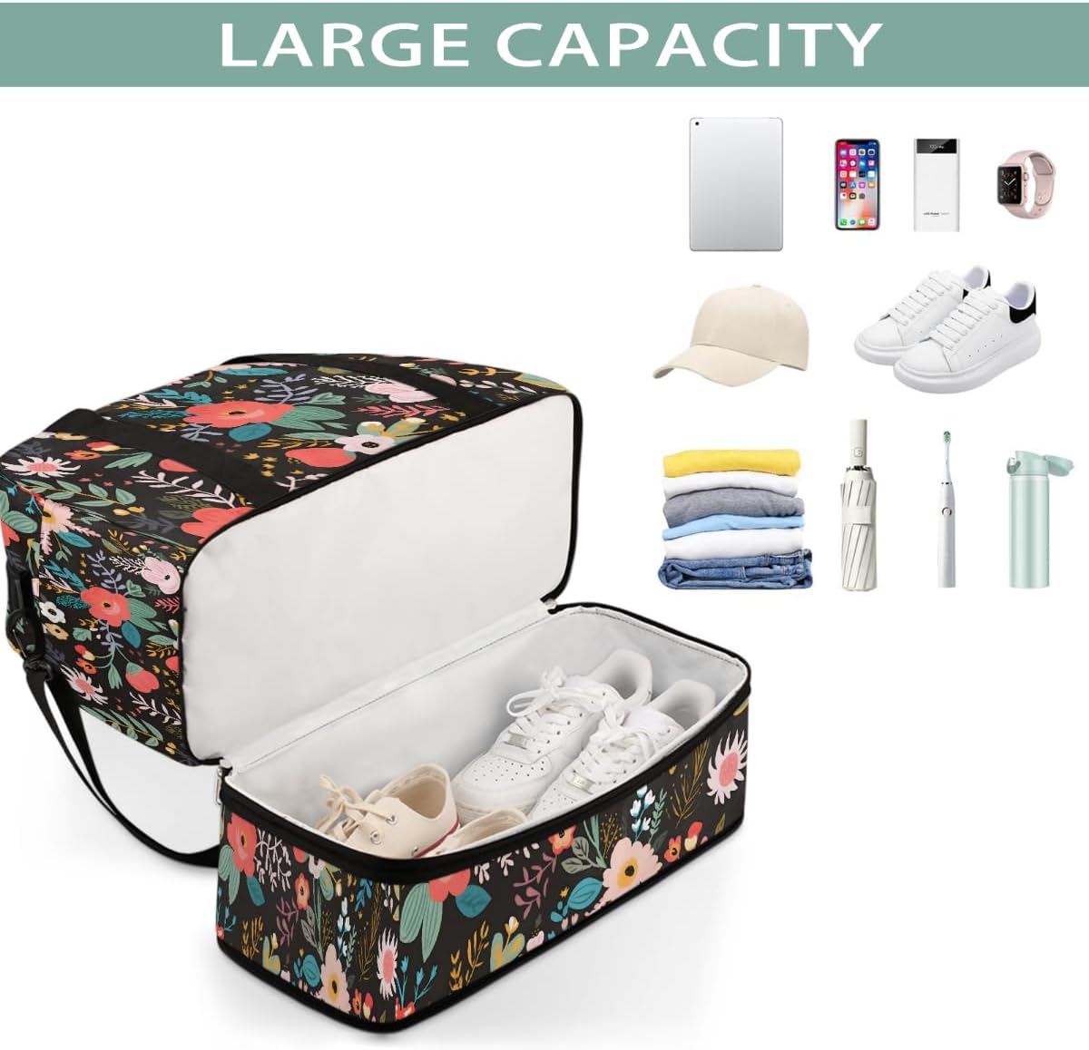 Foldable Carry On Bag for Travel, Expandable Duffle Bag with Shoe Compartment, Colorful Flowers Pattern Lightweight Sports Gym Tote with Trolley Sleeve