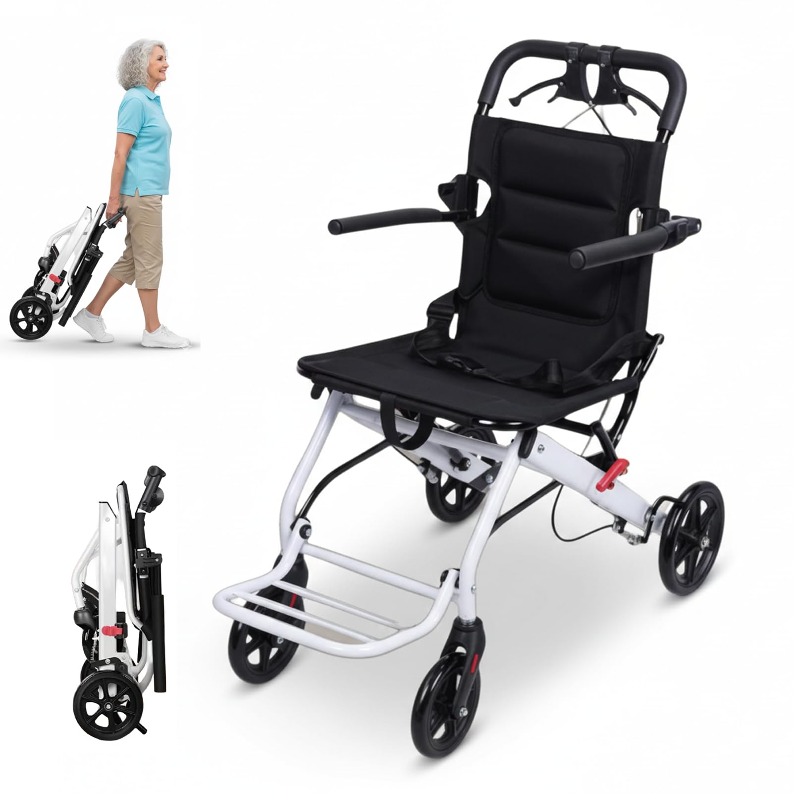 Lightweight Folding Wheelchair for Adults, Portable Transit Travel Chair with Ergonomic Handbrake, Adjustable Safety Strap, PU Wheels, Compact Mobility Chair, Transport Chair for Seniors (White)
