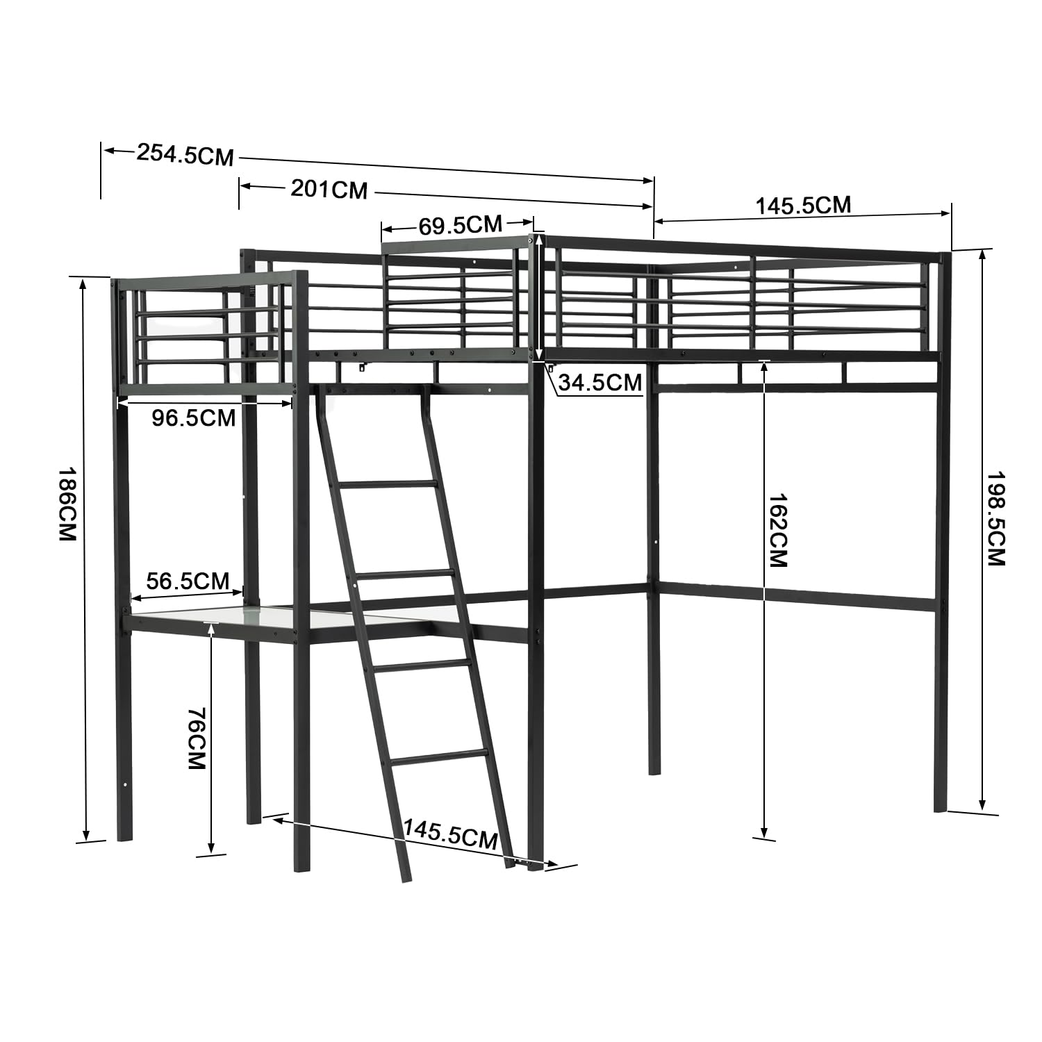 Meubles Cosy Lit Mezzanine 2 Places 140x190cm avec Bureau, Noir