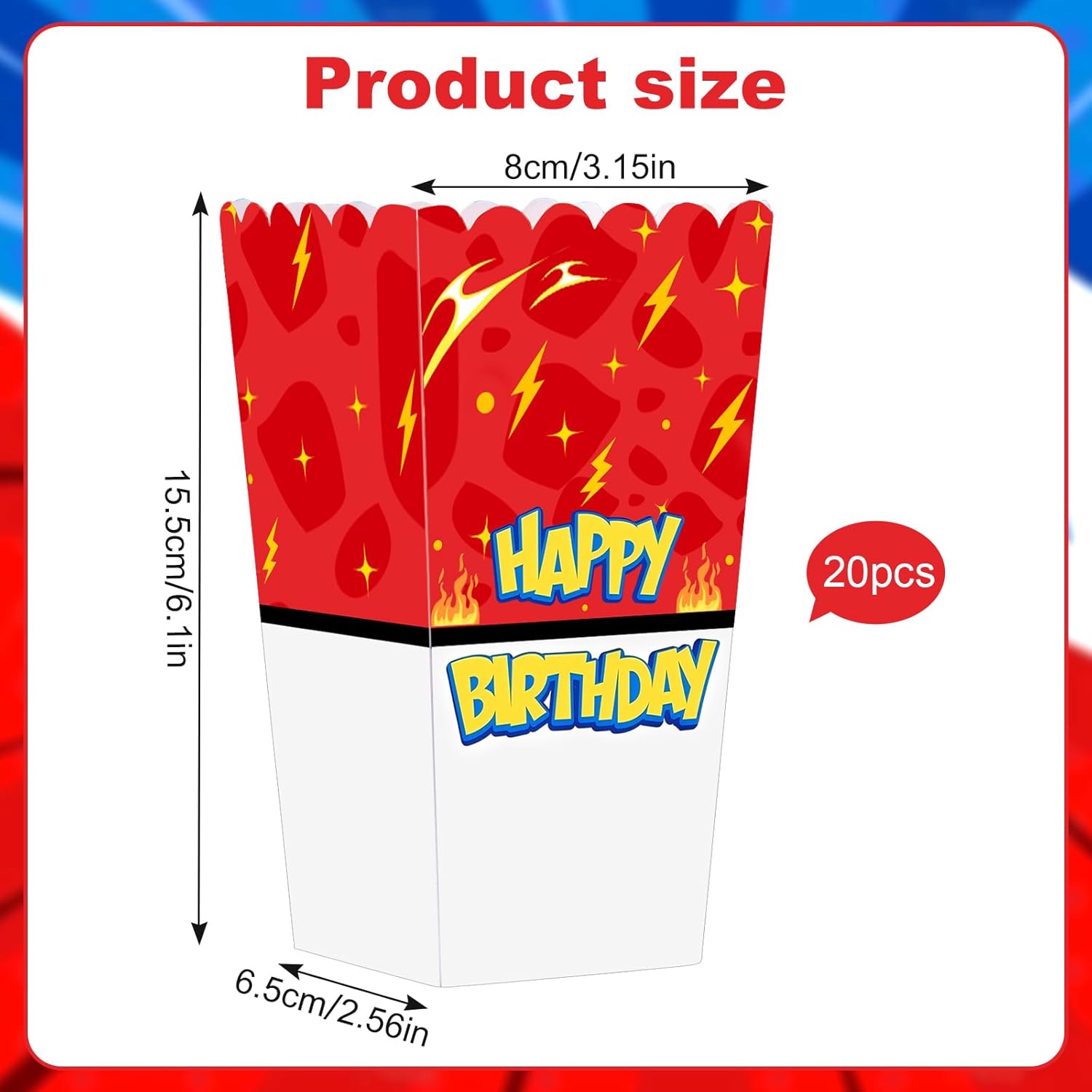 20 Pcs Cartoon Animation Popcorn Boxes Happy Birthday Popcorn Box Red and White Snack Box for Birthday Party Decoration Supplies