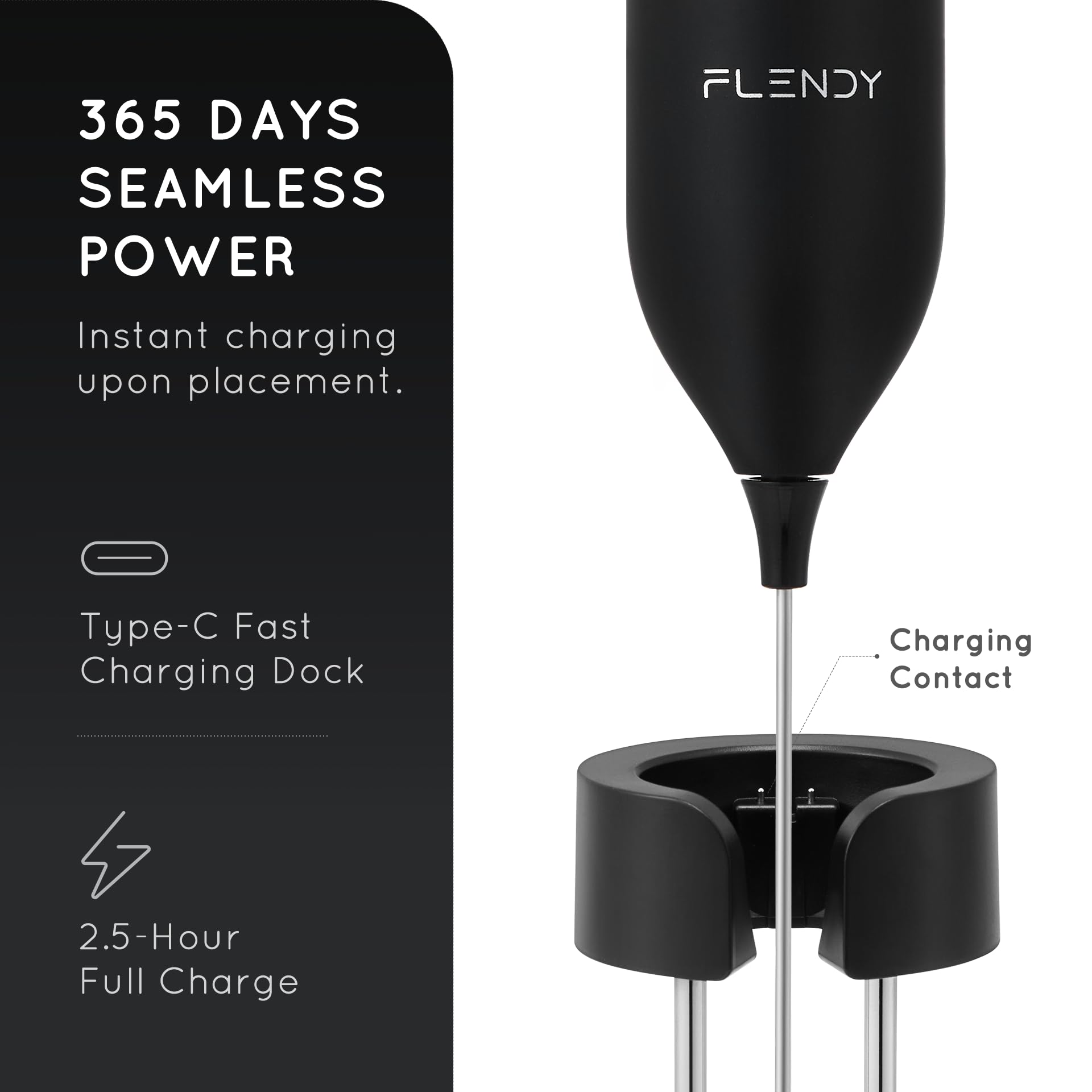 Flendy Mousseur à lait portable rechargeable avec support de charge USB-C, mélangeur électrique à main, double fouet pour café, matcha, etc. (Noir)