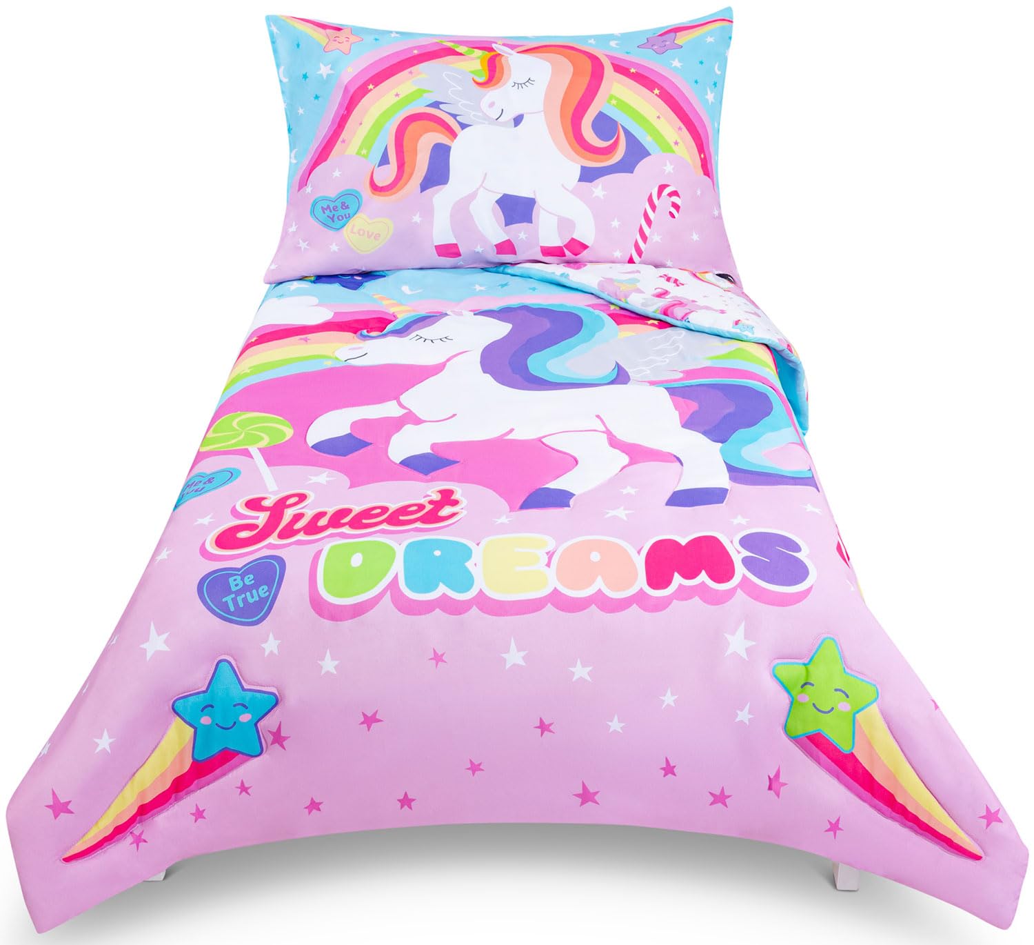 Todays Kids Unicorn Toddler Bedding Set for Girls - 4-Piece Toddler Bed Comforter Sets for Girls, Reversible Comforter &amp; Pillowcase, Flat Sheet, Fitted Sheet, Breathable &amp; Super Soft Microfiber