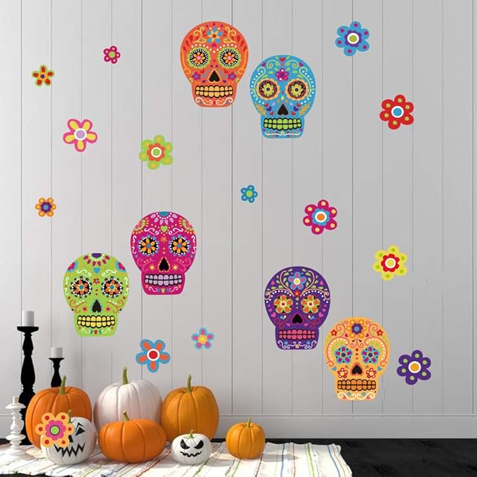 Halloween Colorful Sugar Skull Flower Wall Stickers Day of The Dead DIY Wall Decals for Party Room Decoration