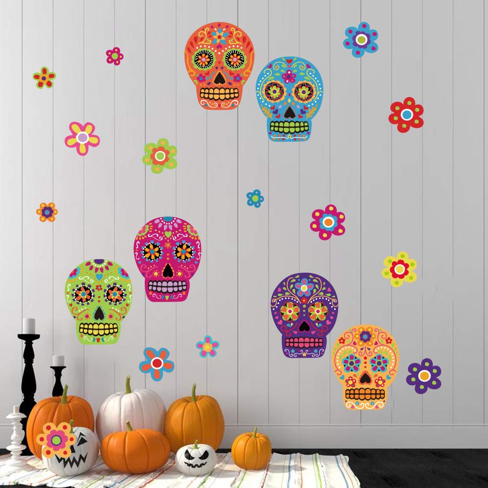 ufengke Colorful Skull Flower Wall Stickers Day of The Dead DIY Wall Decals for Party Room Decoration