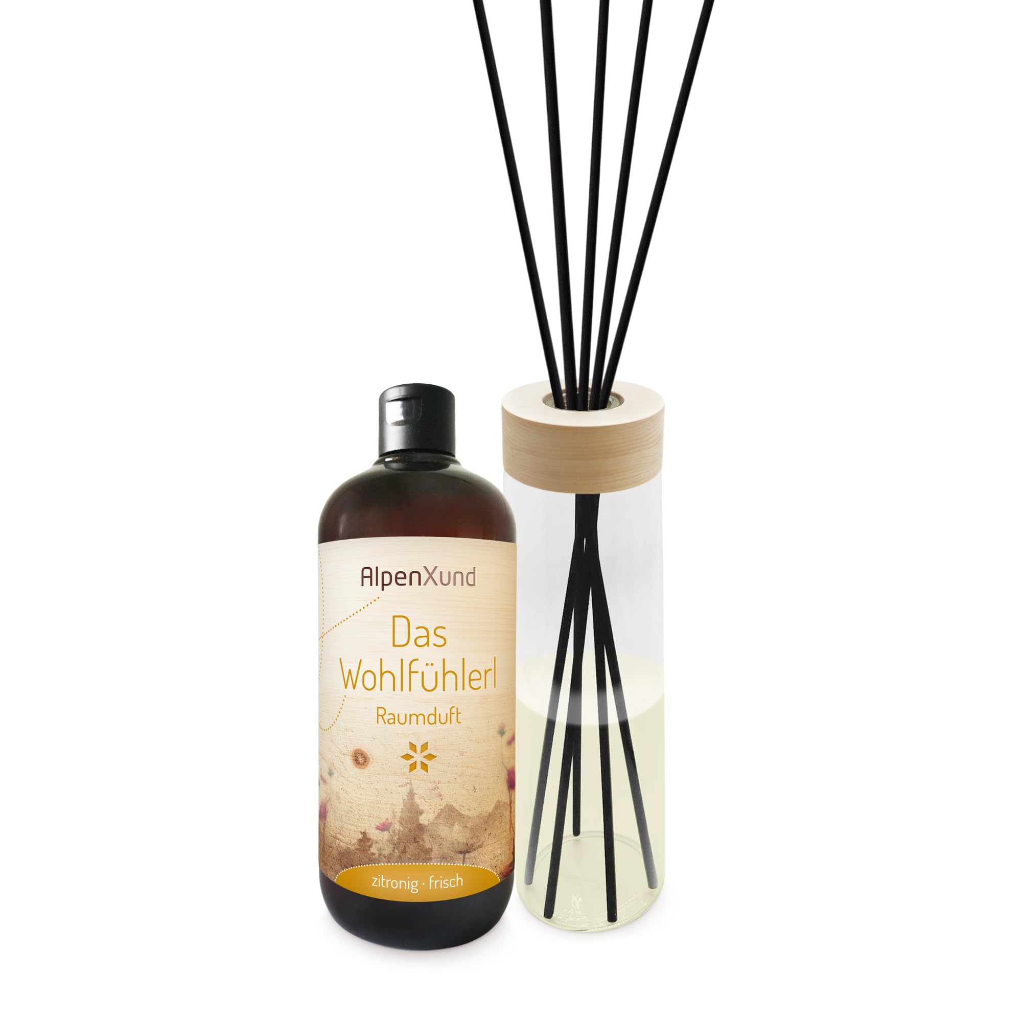 ZirbenDiffuserl Set 1000 ml + Wohlfühlerl 500 ml I Natürliche Raumbeduftung I Raumduft Nachfüllung ätherisch I Diffuser Holz Design I Duftöl 100% naturrein I Ideal für jeden Raum