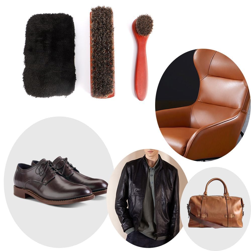 Set de 3 Brosses à Chaussures en CRIN de Cheval - Kit Entretien & Nettoyage pour Cuir, Chaussures, Bottes avec Brosse Carrée, Brosse à Long Manche et Gant de Polissage