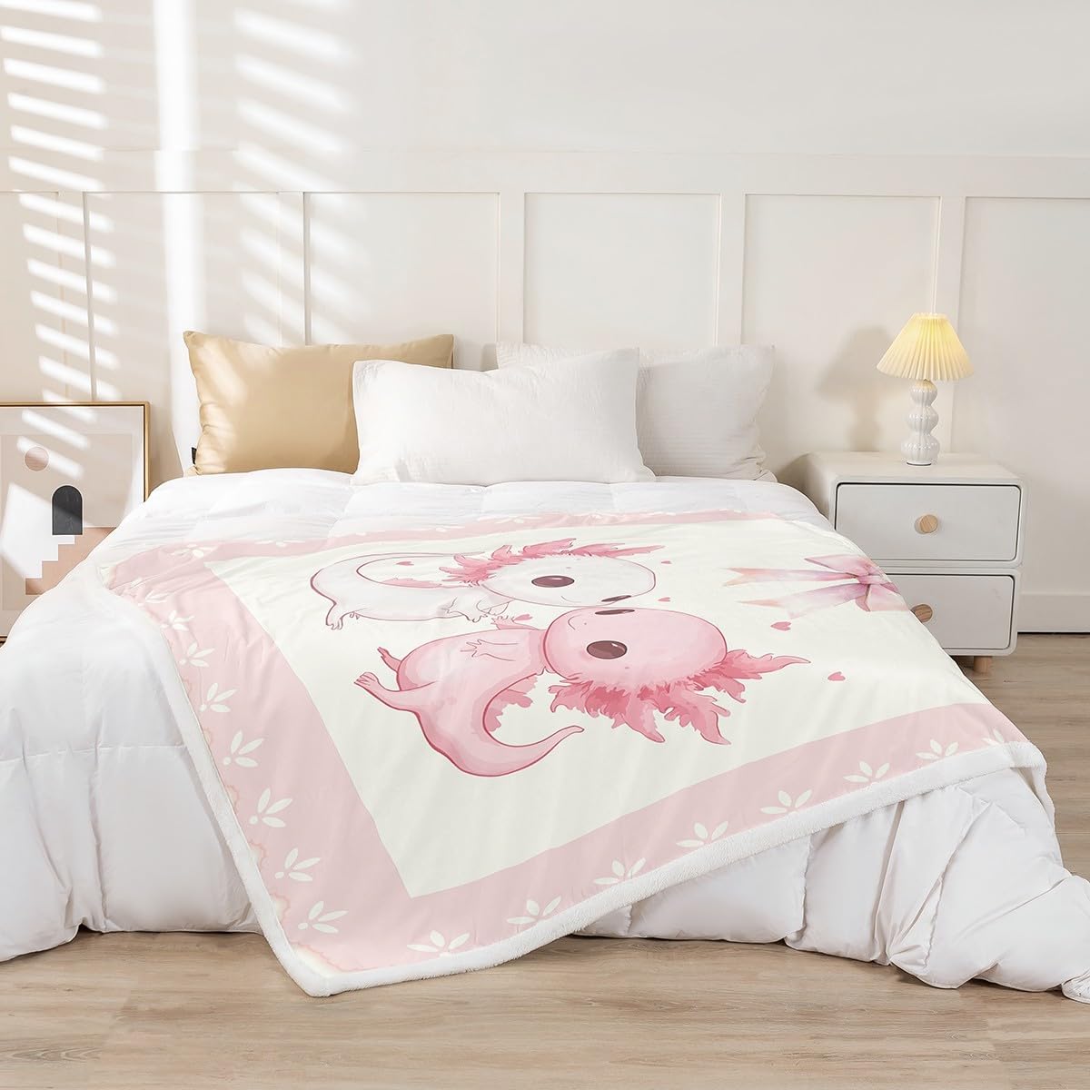 Erosebridal Axolotl Fleece Blanket Twin 60"X80" for Kids Girls Women Bed,Pink Kawaii Axolotl Throw Blanket Cute Cartoon Animal Sherpa Blanket Ocean Wildlife Bow Heart Flannel Blanket Room Decor