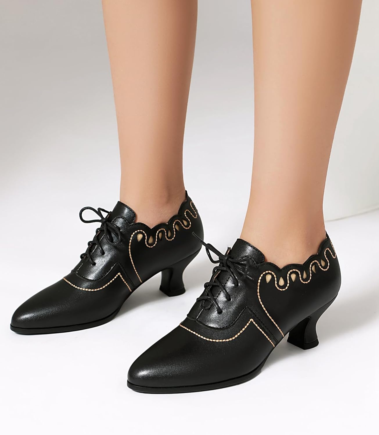 SACFOF Women's Kitten Heels Oxford Pumps Victorian Style Vintage Mid Heels Lace Up Costume Cosplay Shoes