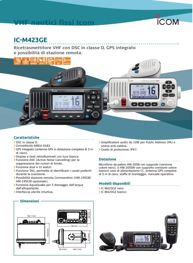 ICOM IC-M423GE GPS INTEGRATO RICETRASMETTITORE VHF NAUTICO DSC IN CLASSE D DSC - IPX7