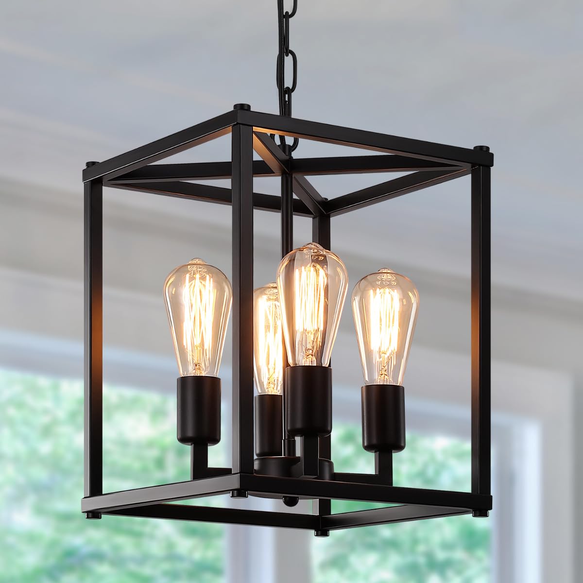 GZBEINI 4-Light Lantern Chandelier Black Farmhouse Pendant Light