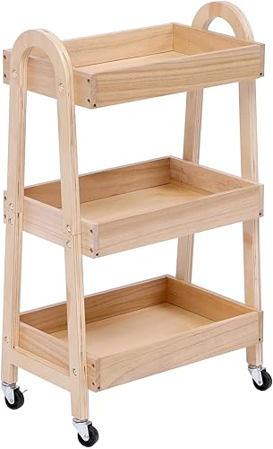 Miniatura 5 de Carrito de artesanía con ruedas de 3 niveles, madera de color claro, resistente, impermeable, con ruedas, para cocina, baño, lavandería