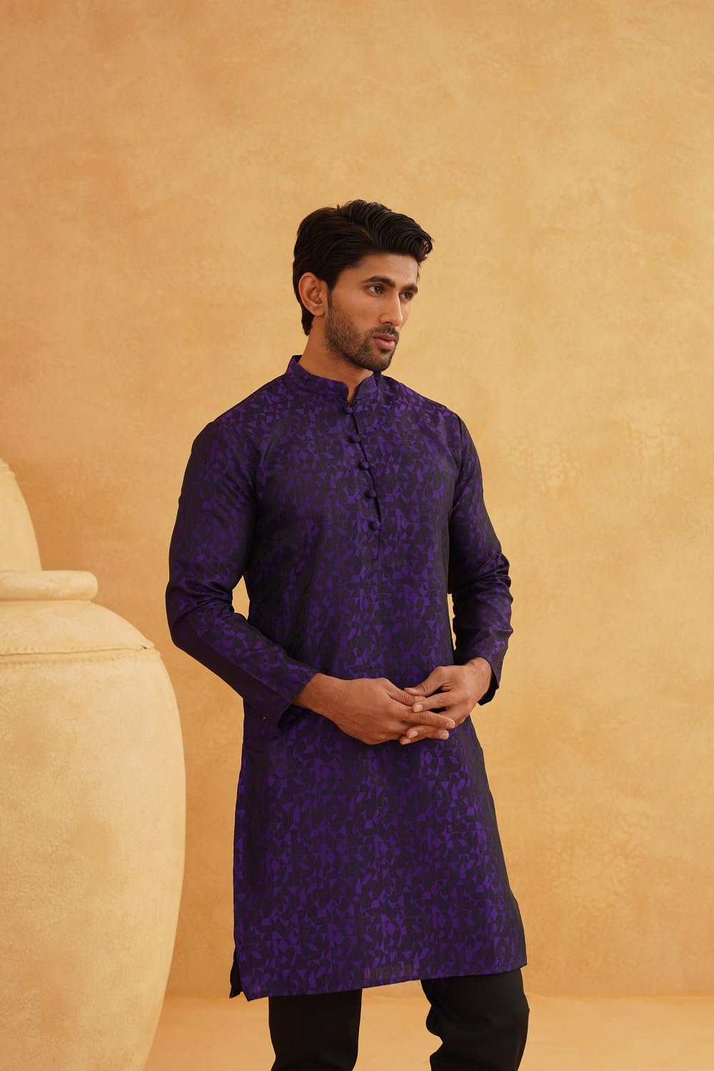 Sojanya (Since 1958 Men's Jacquard Silk Geometric Violet Only Long Kurta