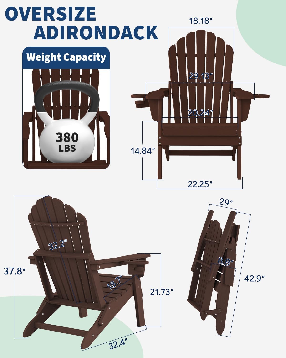 Plawdlik Outdoor HDPE Folding Adirondack Chair Set of 4, High Back Wide Seat Patio Chair with Cup Holders, All-Weather Fire Pit Chair for Garden,Lawn,Poolside, Coffee