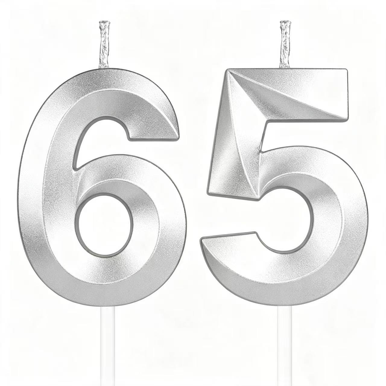 Yiran 3D Birthday Candles, Silvery Number 65th Candle, Boys Girls Men Women Cake Topper Birthday 65 Year Old Party Wedding Anniversary Celebration Supplies