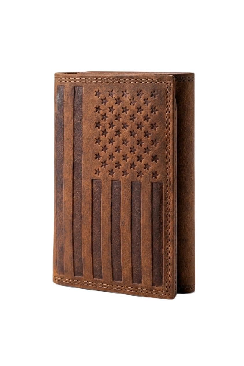 ASAD Leather Slim Everyday Trifold Wallet with ID Window and Multiple Card Slots | Genuine Leather Double Stitched RFID Blocking Stylish | Gift for Him | Brown Crazy Horse American Flag Design