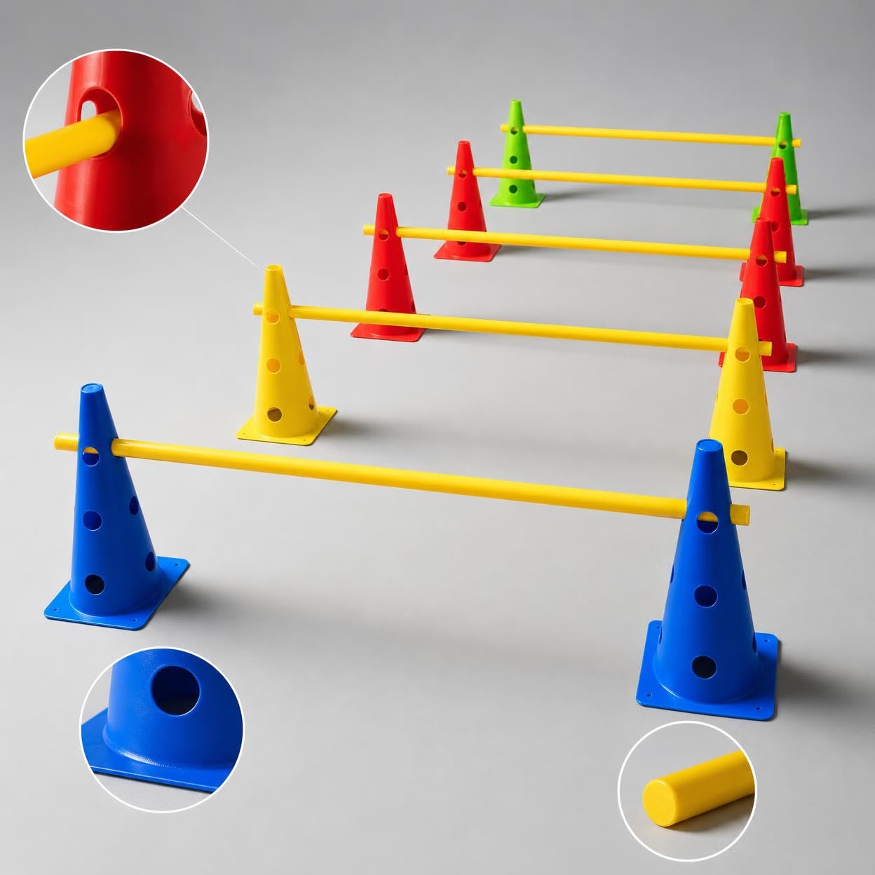 Steckhürdenset Agility Set für Koordinationstraining & Trainingshürden – 10 Hütchen, 5 Stangen, 32 cm mit Löchern, 5 Sets (10 Kegel + 5 Stangen à 1 Meter)