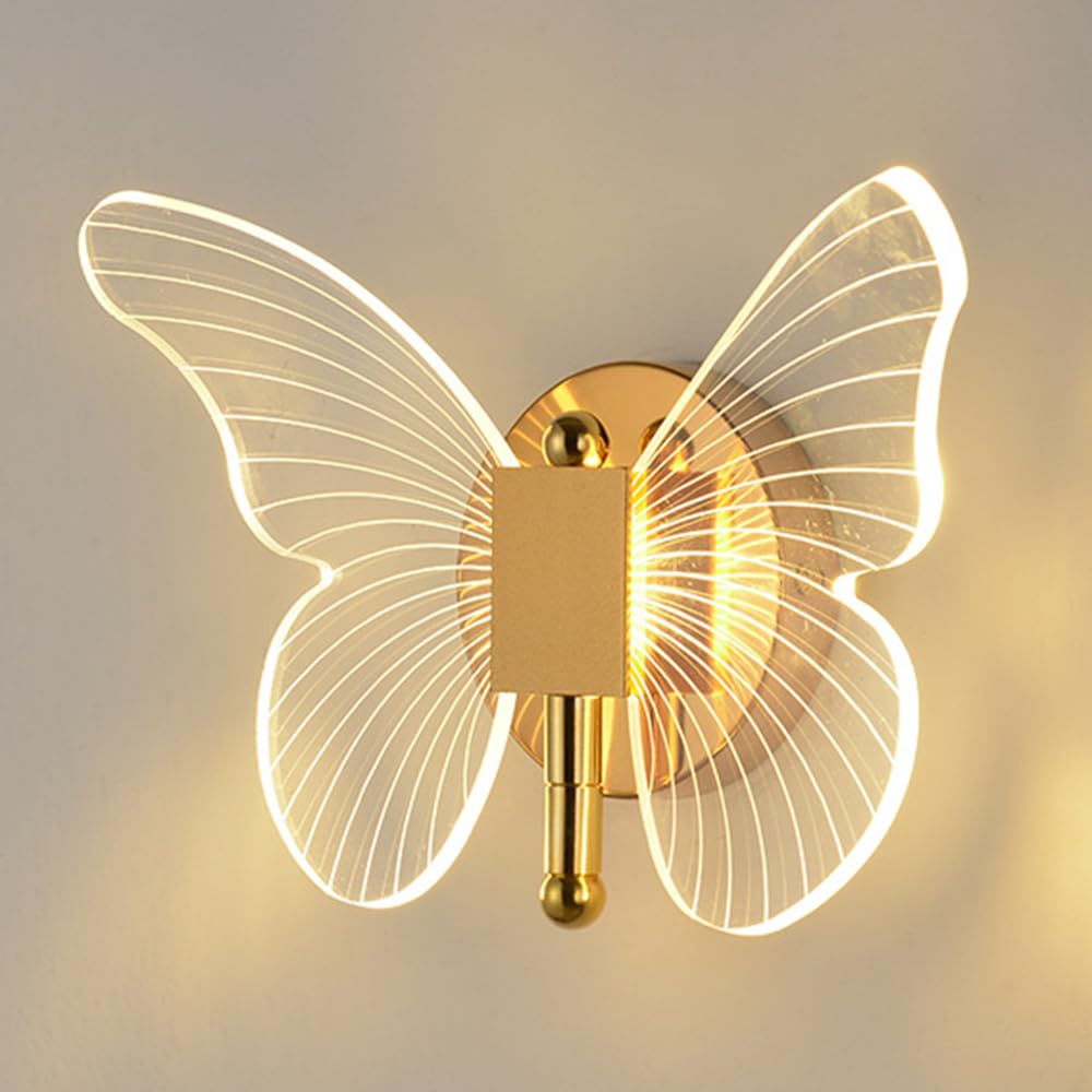SXWNBIFH wall lamp Indoor Decor Gold Wall Sconce Acrylic Creative Wall Light Fixture with Butterfly Shape Lampshade, 4W Led Wall Lamps for Indoor Bedroom Bedside Hallway, (H:19cm)
