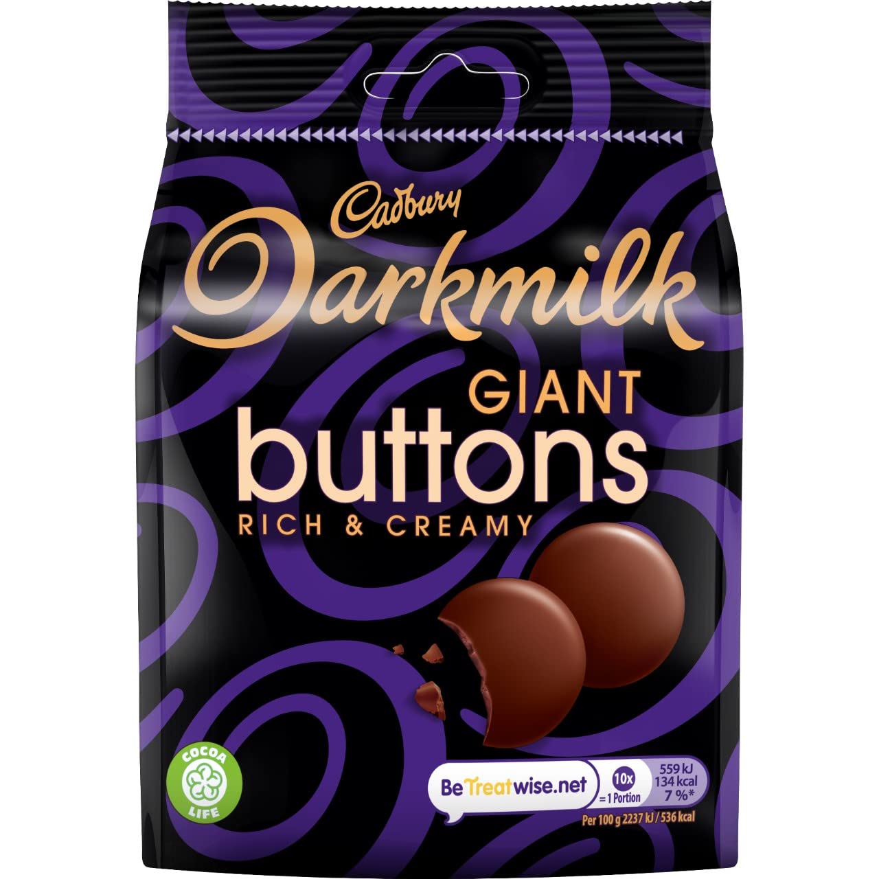 CadburyDarkmilk Giant Buttons Chocolate Bag, 90 g, High coco milk chocolate buttons