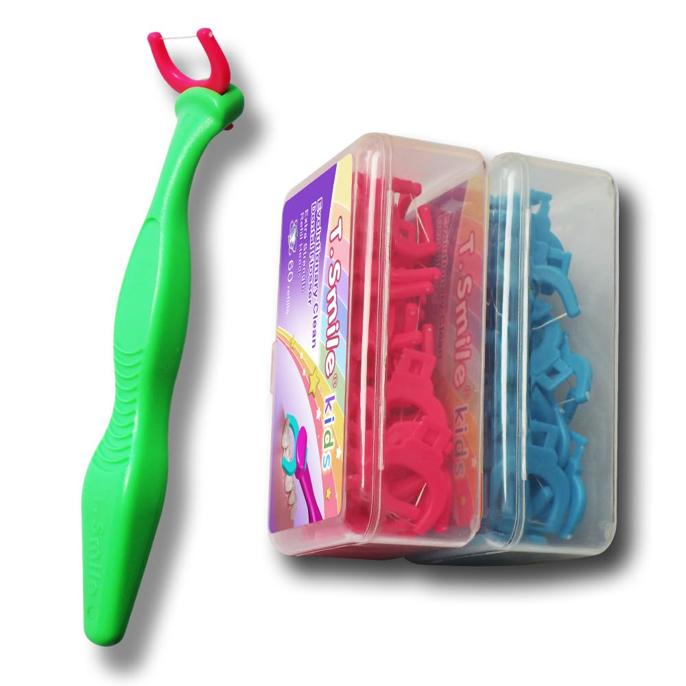 T Smile Kids Evolutionary Clean Dental Flosser Kit Child-Sized Handle Refills Fluoride Free for Ages 3 Green Handle