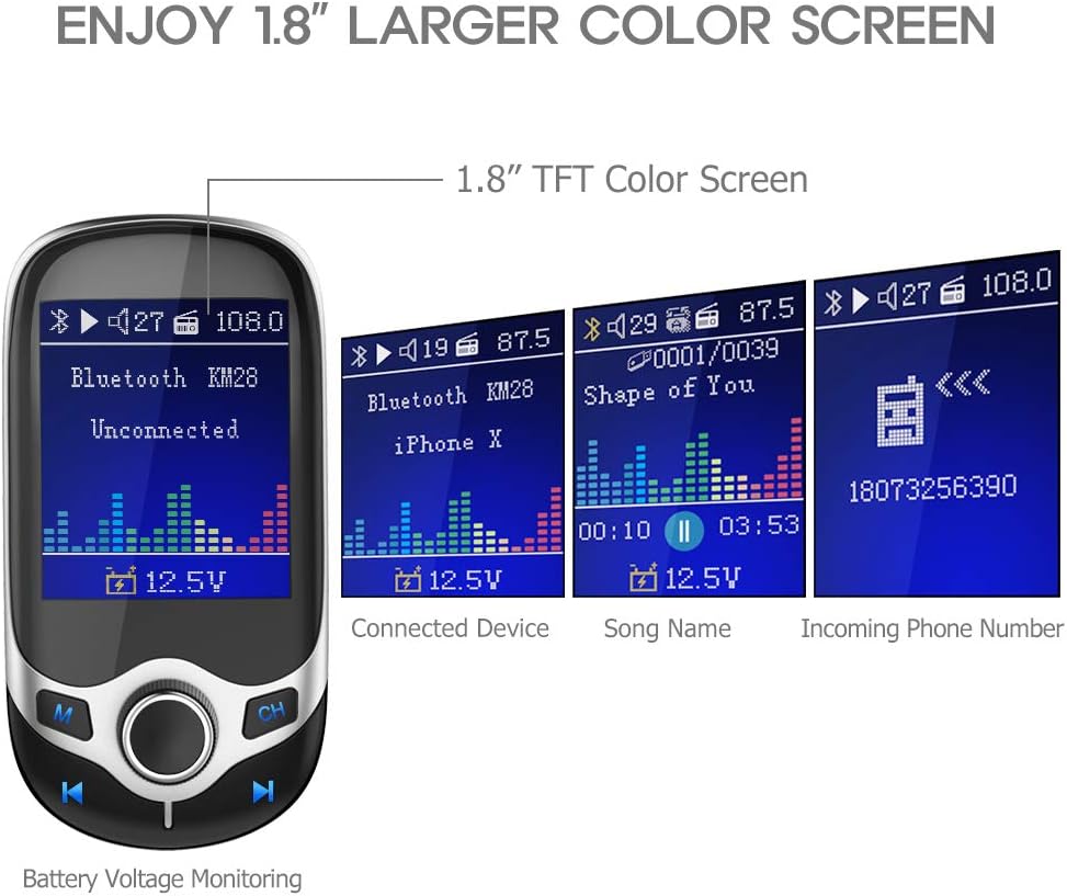Nulaxy Bluetooth FM Transmitter 1.8" Color Screen Wireless Receiver Car Kit W QC3.0 Quick Charge, Car Battery Voltage Reading, Handsfree Calling, Support USB Drive, TF Card, AUX, EQ Mode - KM28 Silver