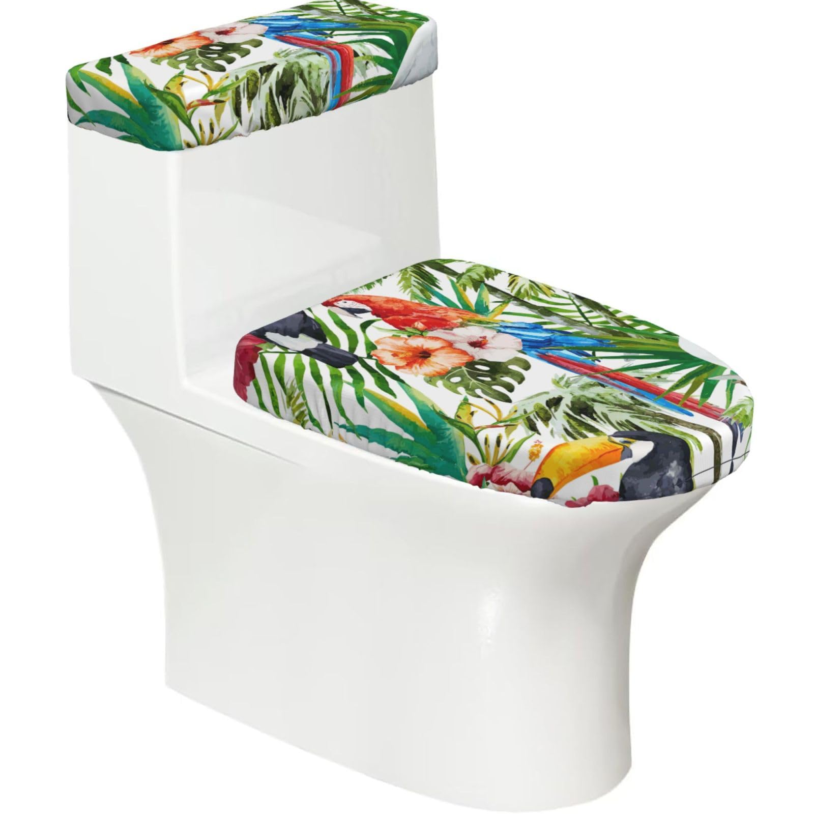Toucans Parrot Palm Tree Leaves Printed Toilet Tank and Lid Cover Set of 2 for Most Bathrooms, Fits Elongated Round Toilets