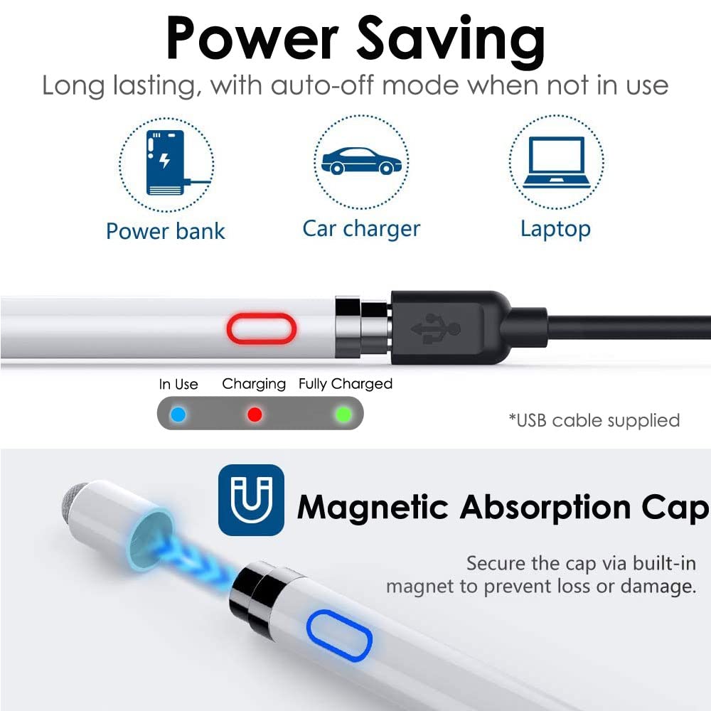 Techgear Lot de 5 stylets tactiles rechargeables haute précision et sensibilité compatibles avec iOS, Android, iPad, iPad Pro, iPhone, Samsung, tablette Lenovo et autres appareils à écran tactile