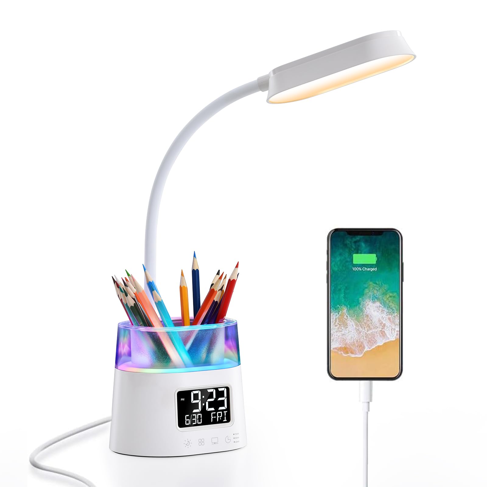 Led Desk Lamp with USB Charger: Office Lamps Table Light with Pen Holder - Kids Gooseneck Reading Lights with Clock - RGB Night Light Study Lamp for Home Reading College