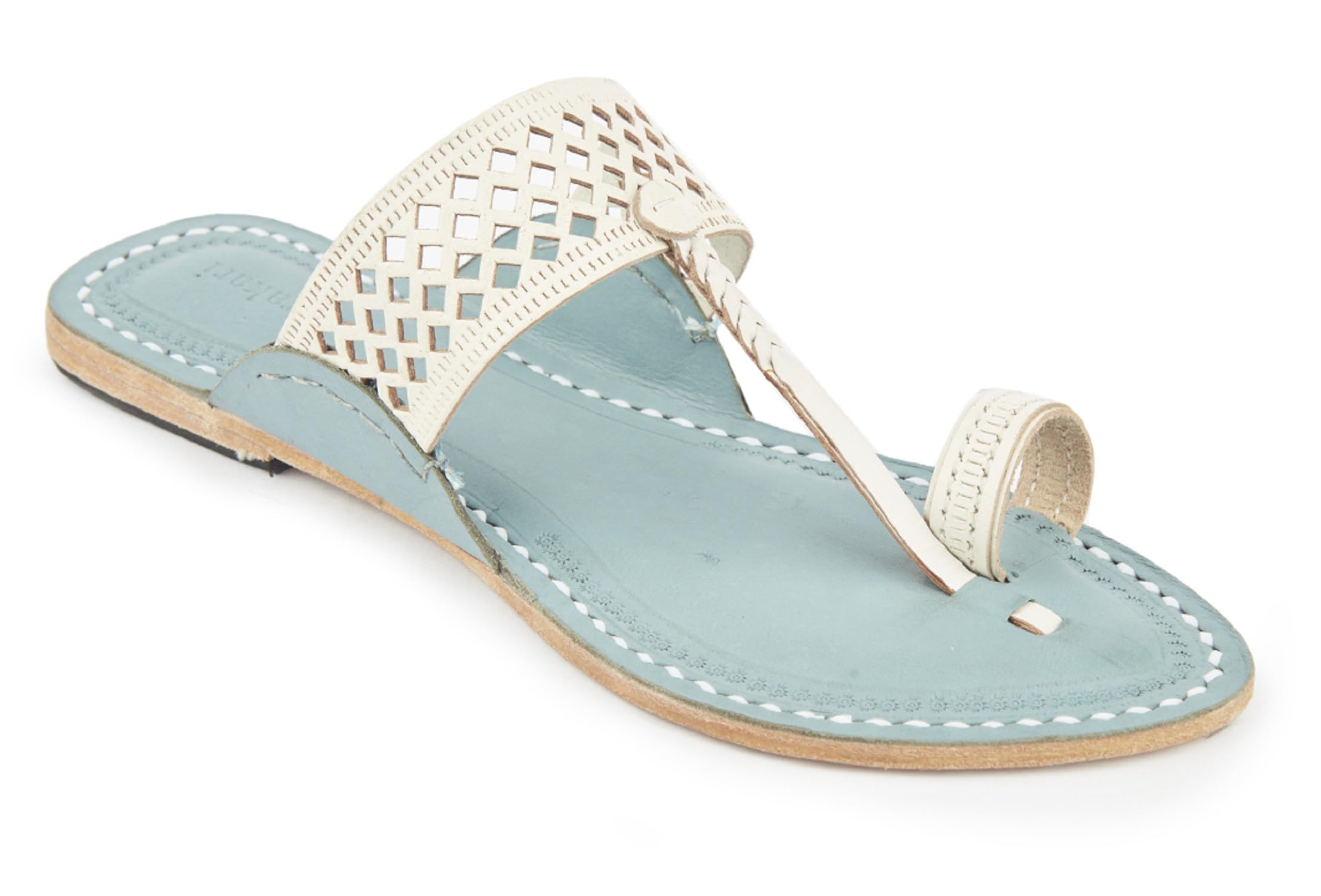 Women's Kolhapuri Chappal Sky Blue Base and White Dimond Punching Upper Design Smooth and Comfortable Flip Flops Stylish Handcrafted Leather Sandal Anti Slip Design Durable Slippers