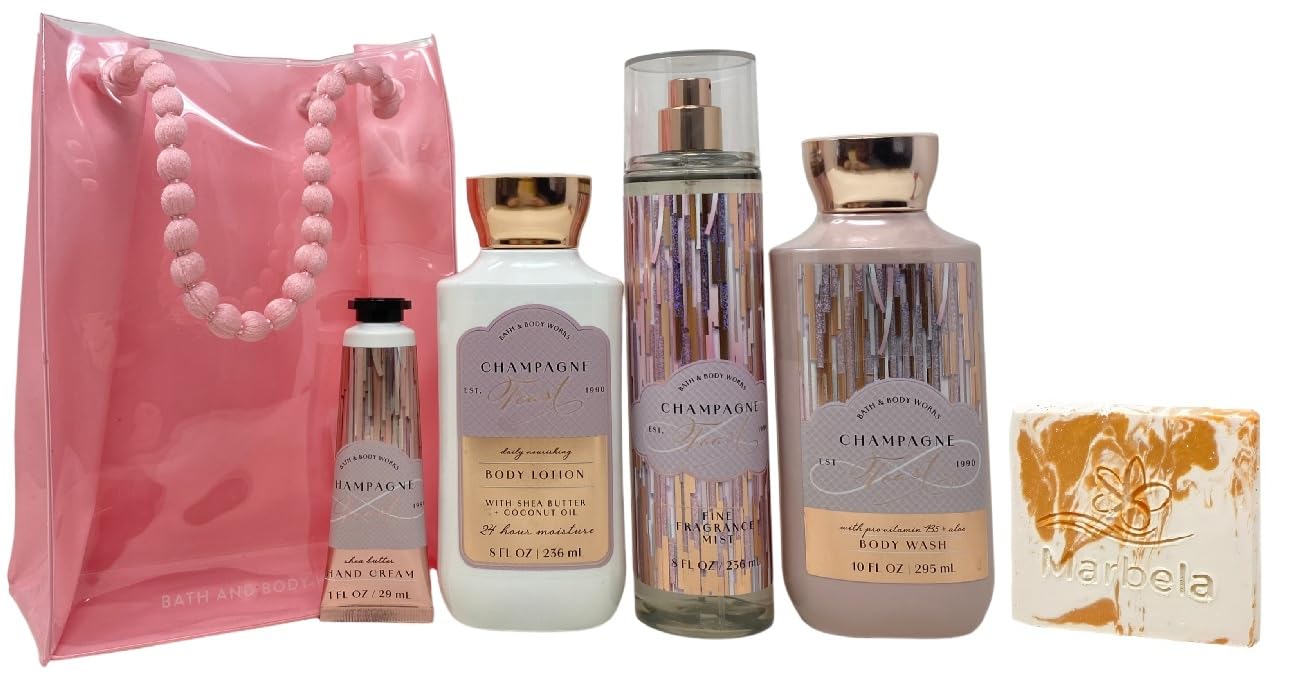 Bath & Body Works Champagne Toast Gift Set - Fine Fragrance Mist, Body Lotion, Body Wash and Hand Cream - with a Peach Gardenia Sample Soap