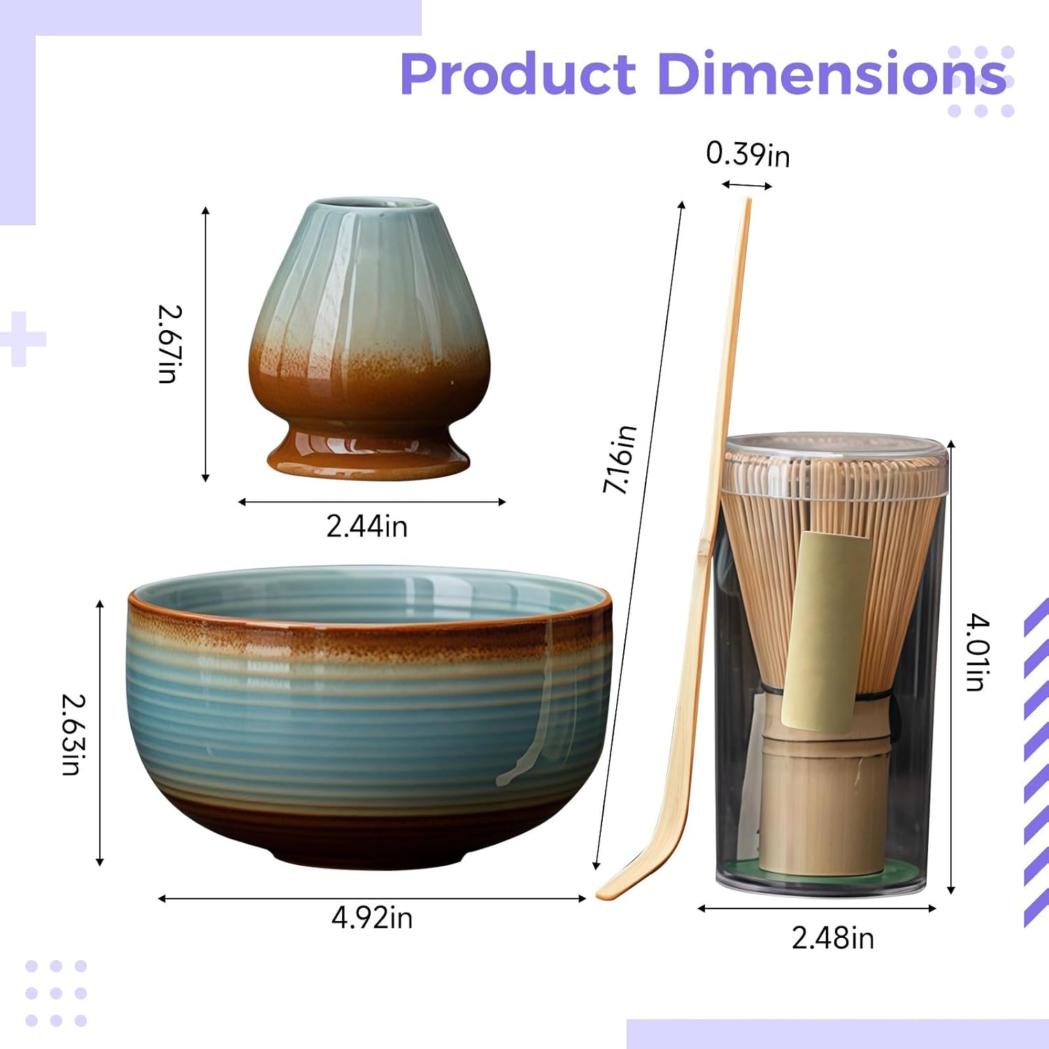 4 Piece Matcha Bowl Set, Japanese Style Ceramic, Gradient Blue Starter Kit For Tea Ceremony Beginners, With Whisk Holder And Scoop Stand, Modern Traditional Design