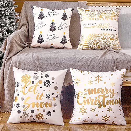 JOJOGOGO Set of 4 White and Gold Christmas Pillow Covers 18x18 - Snowflake and Tree Decorative Throw Pillows for Couch and Bedding
