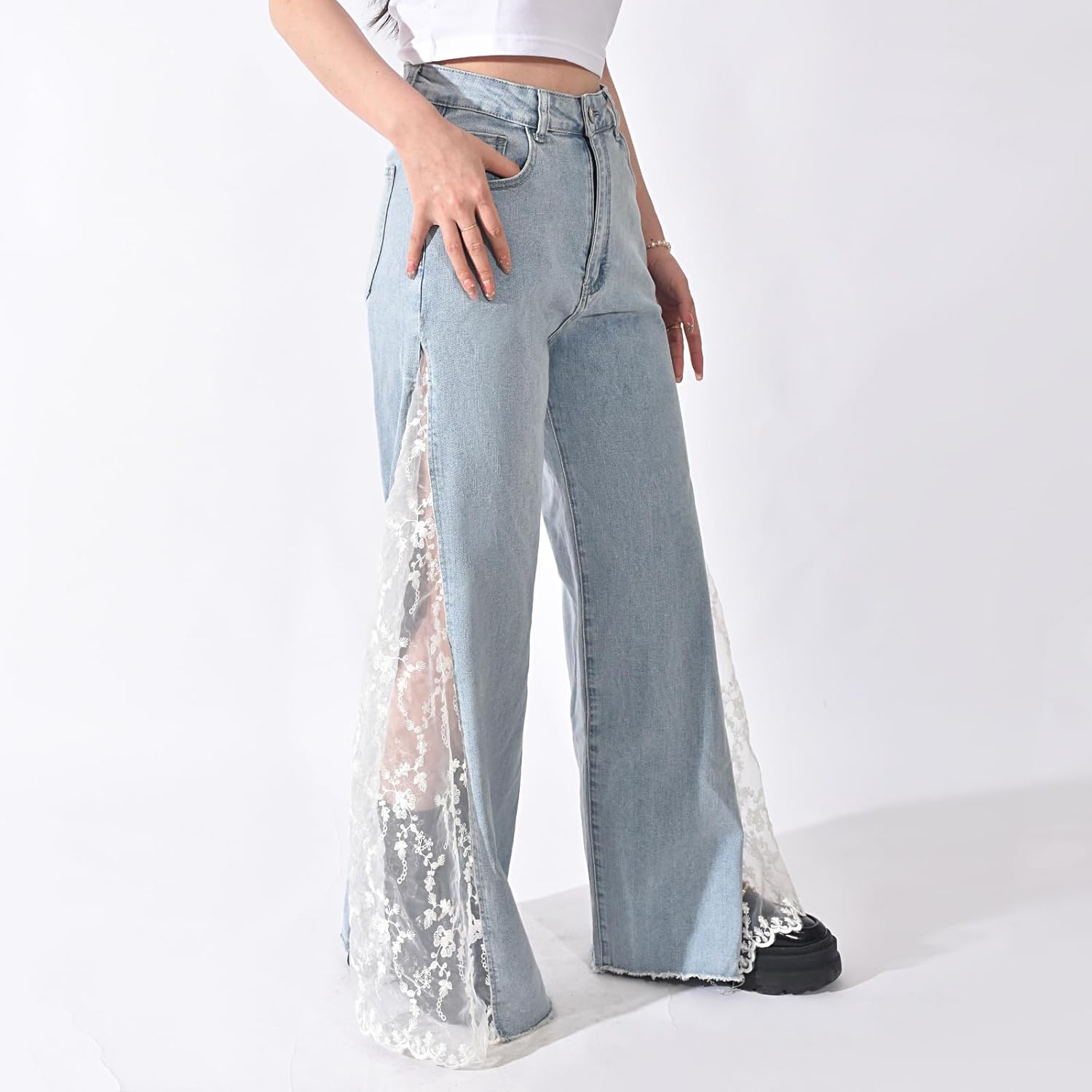 Women High Waisted Jeans Straight Wide Leg Pants Causal Patchwork Denim Pants with Lace - Image 2
