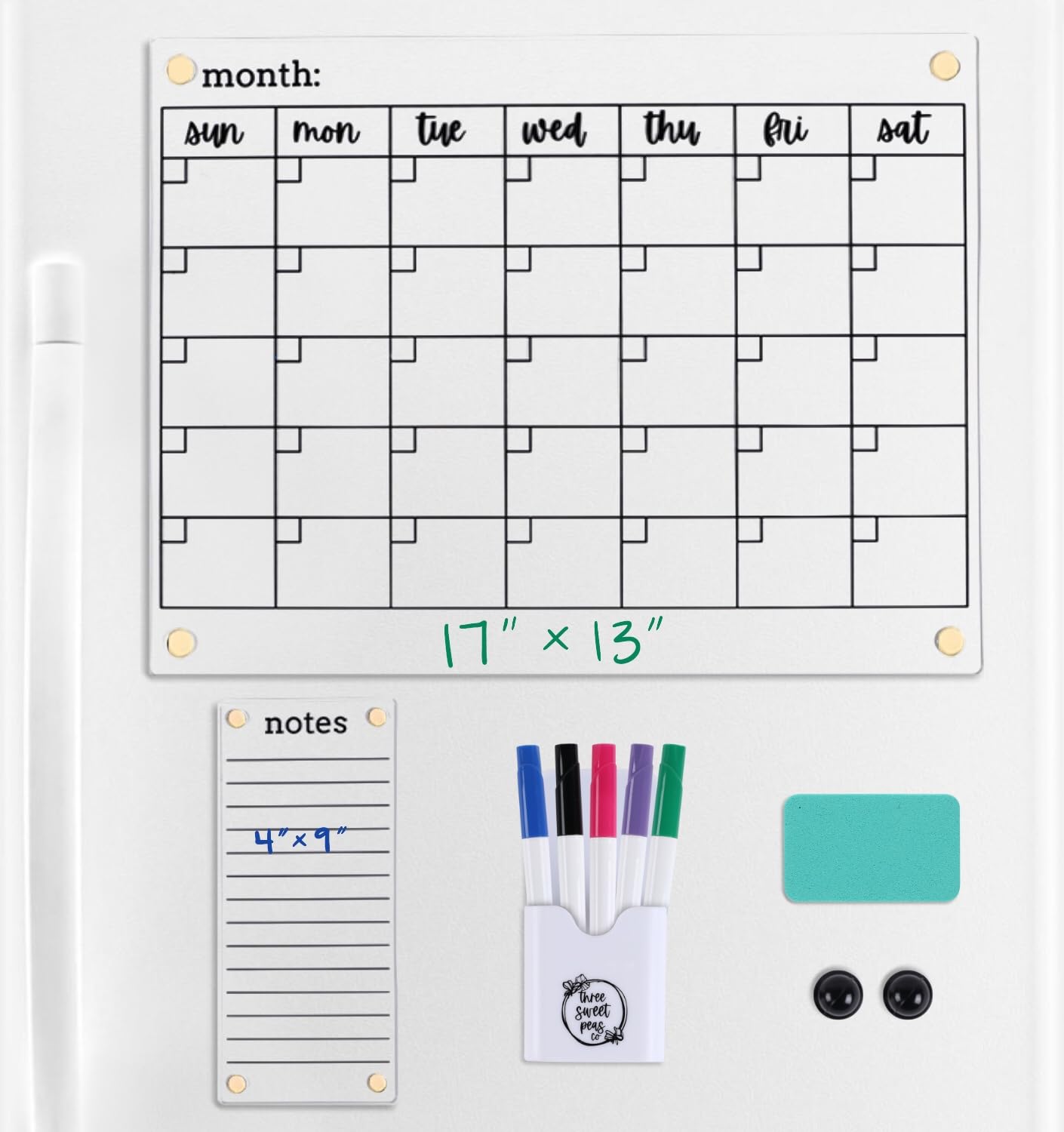 Clear Magnetic Calendar for Fridge w/Gold Magnets 17"x13" Black Print | Included 4"x9" Acrylic Notepad & Accessories | Magnetic Acrylic Calendar for Fridge | Clear Fridge Calendar