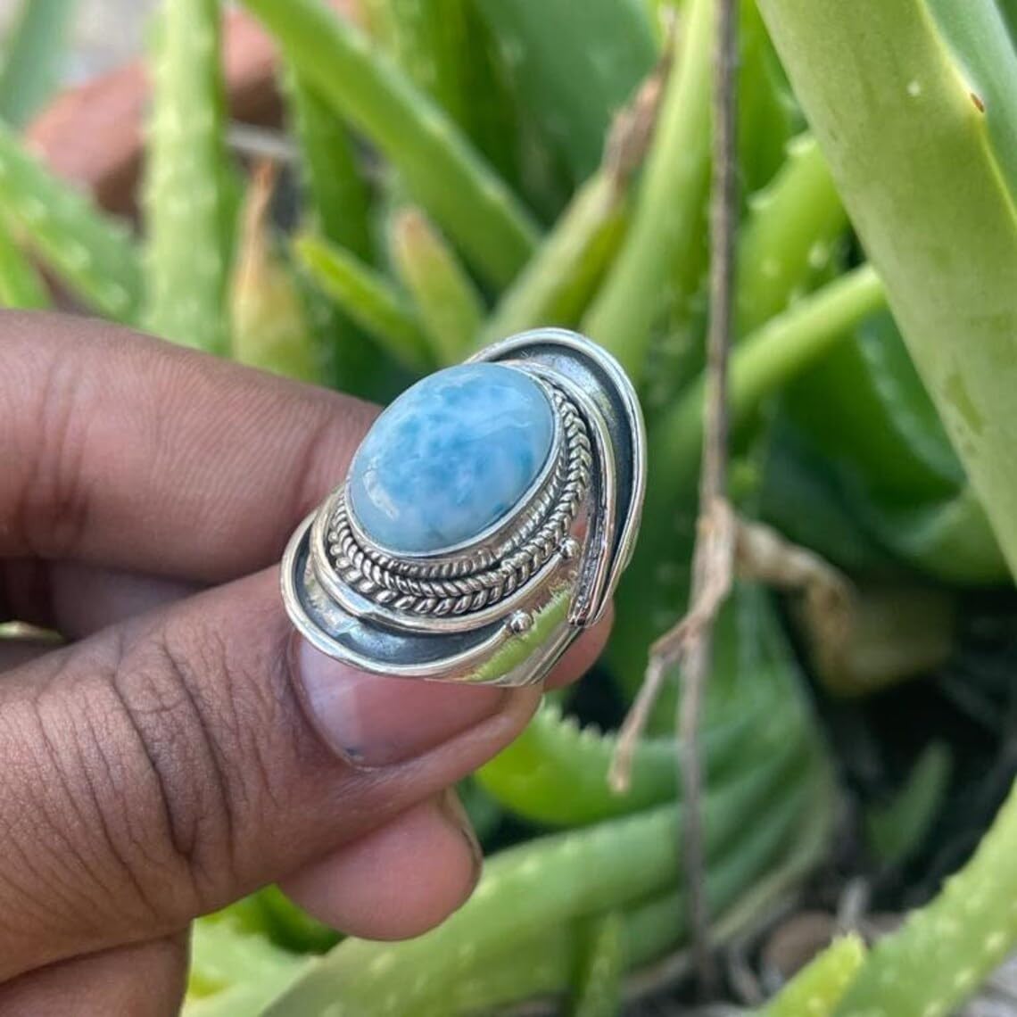 Natural Dominican Larimar Ring, 925 Sterling Silver Plated, Silver Field, Cabochon Stone, Wedding Gifts, Engagement, Statement, Blue Larimar Gemstone,
