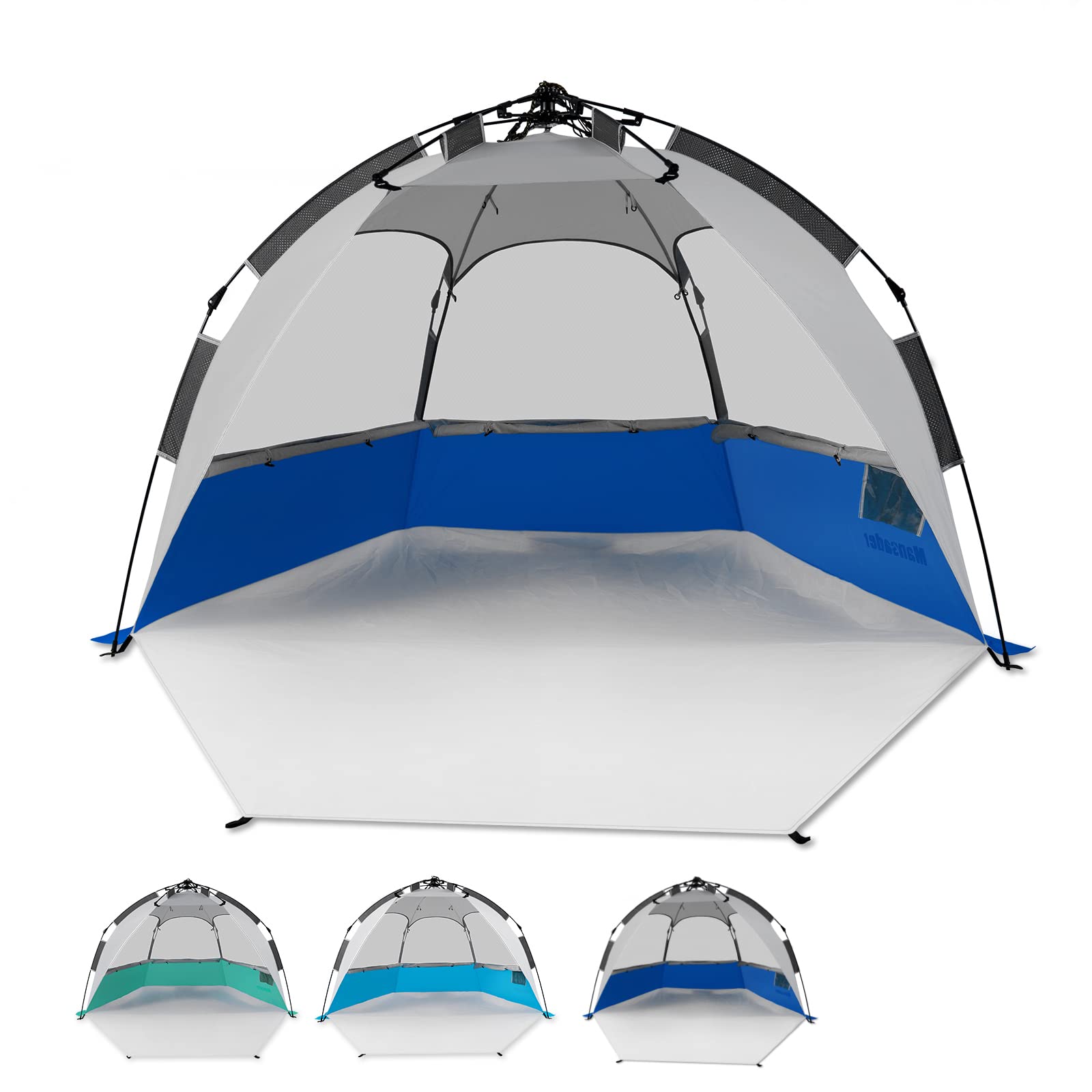 Mansader 2-3 Person Large Instant Pop Up Beach Tent, UV Protection Portable Easy Setup Sun Shade Shelter, Extended Floor with 3 Ventilating Mesh Windows for Outdoor Camping Fishing (Dark Blue)