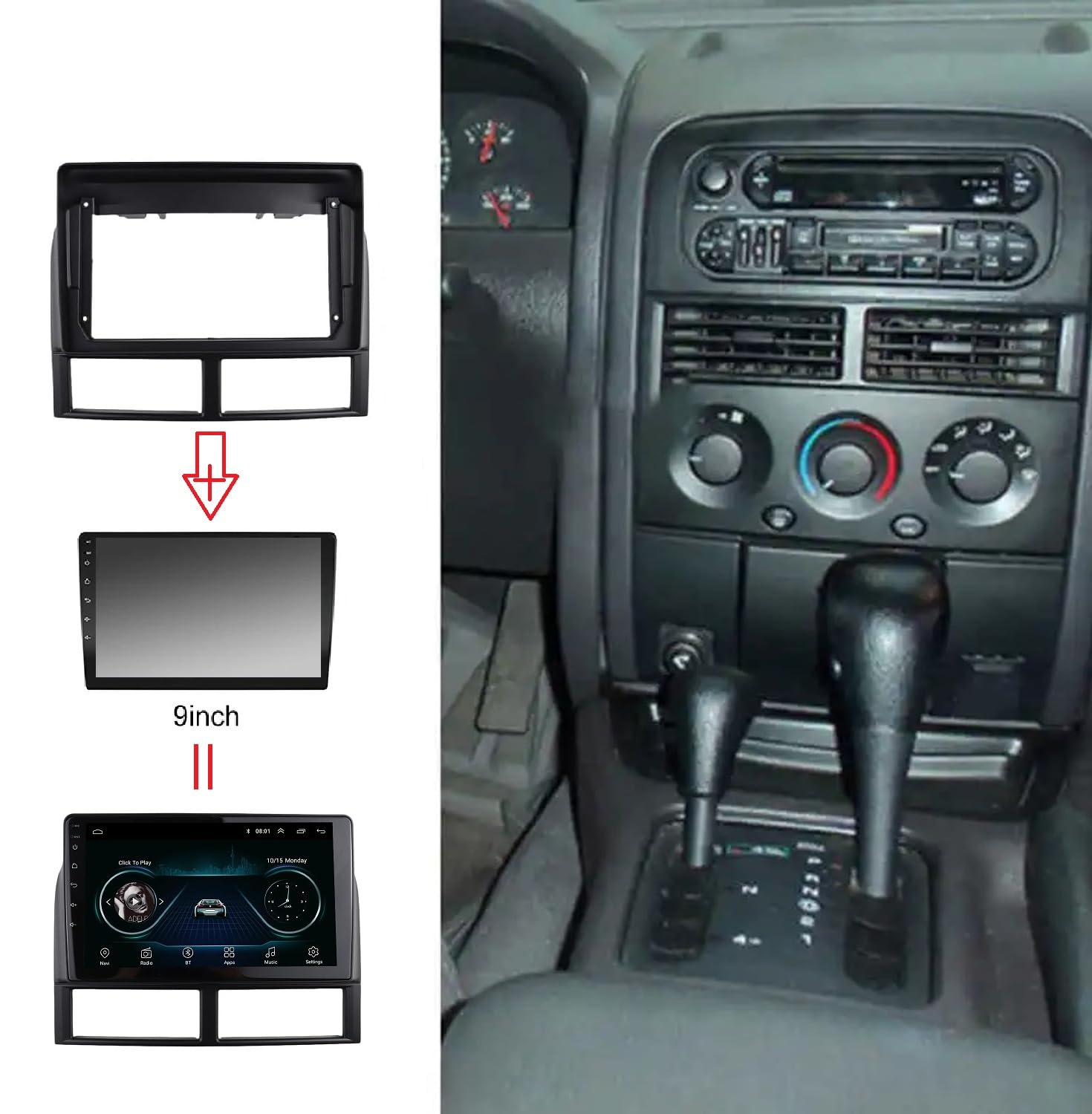 YuYue Electronic 9 Inch Radio Frame Replacement Compatible for Jeep Grand Cherokee 1999-2004 Stereo Player Install Surround Trim Panel Kit Face Plate Audio Fascia