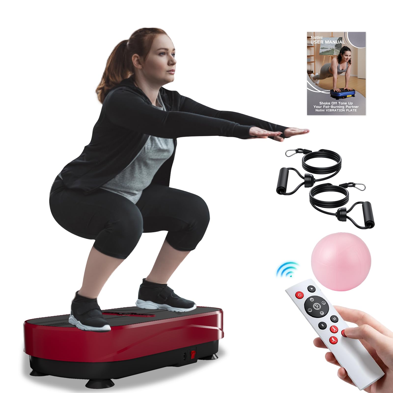 Natini Vibration Plate Exercise Machine, 990 Speed Levels Whole Body Vibrating Plate for Lymphatic Drainage, Home Workout Equipment with Resistance Bands, Remote, 330 lbs Capacity for Home Gym(Red)