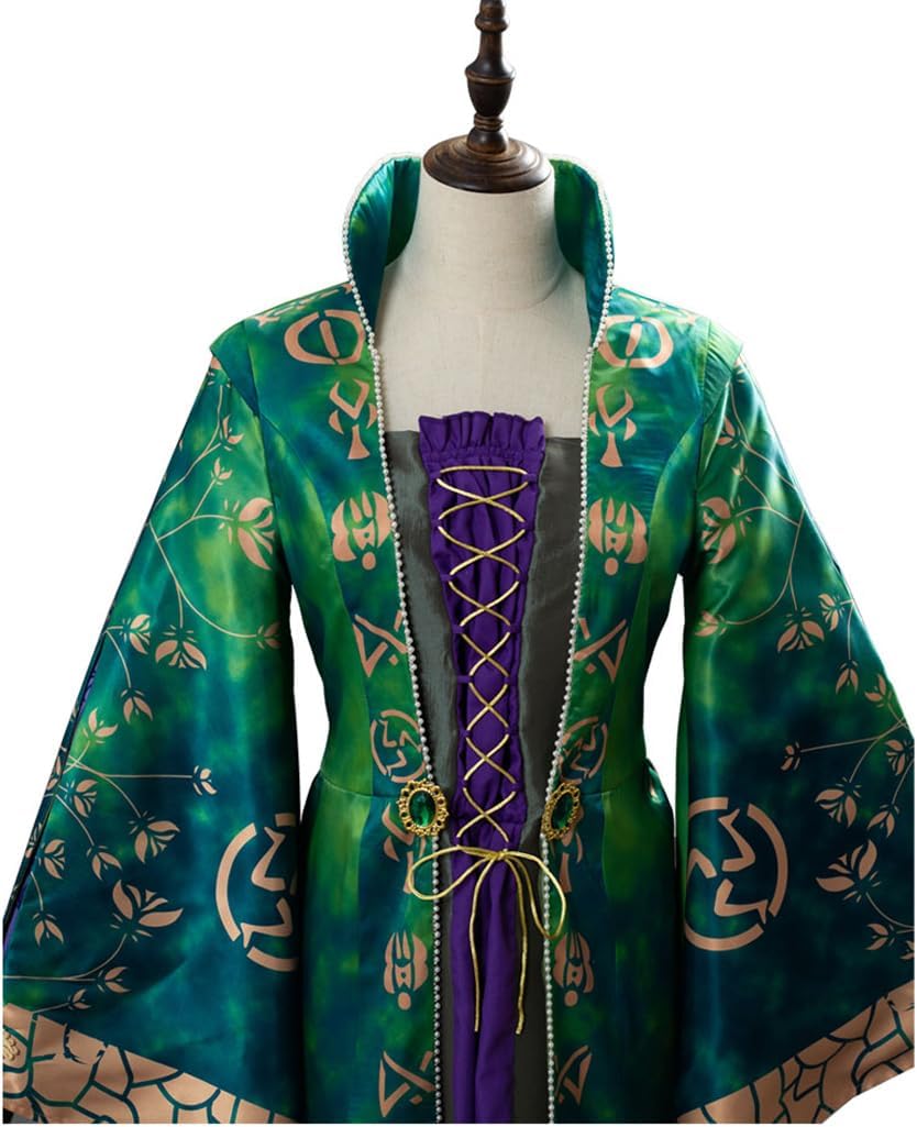 Womens Winifred Sanderson Cosplay Green Dress Wedding Robe Witch Winifred Costume Wig for Halloween Party