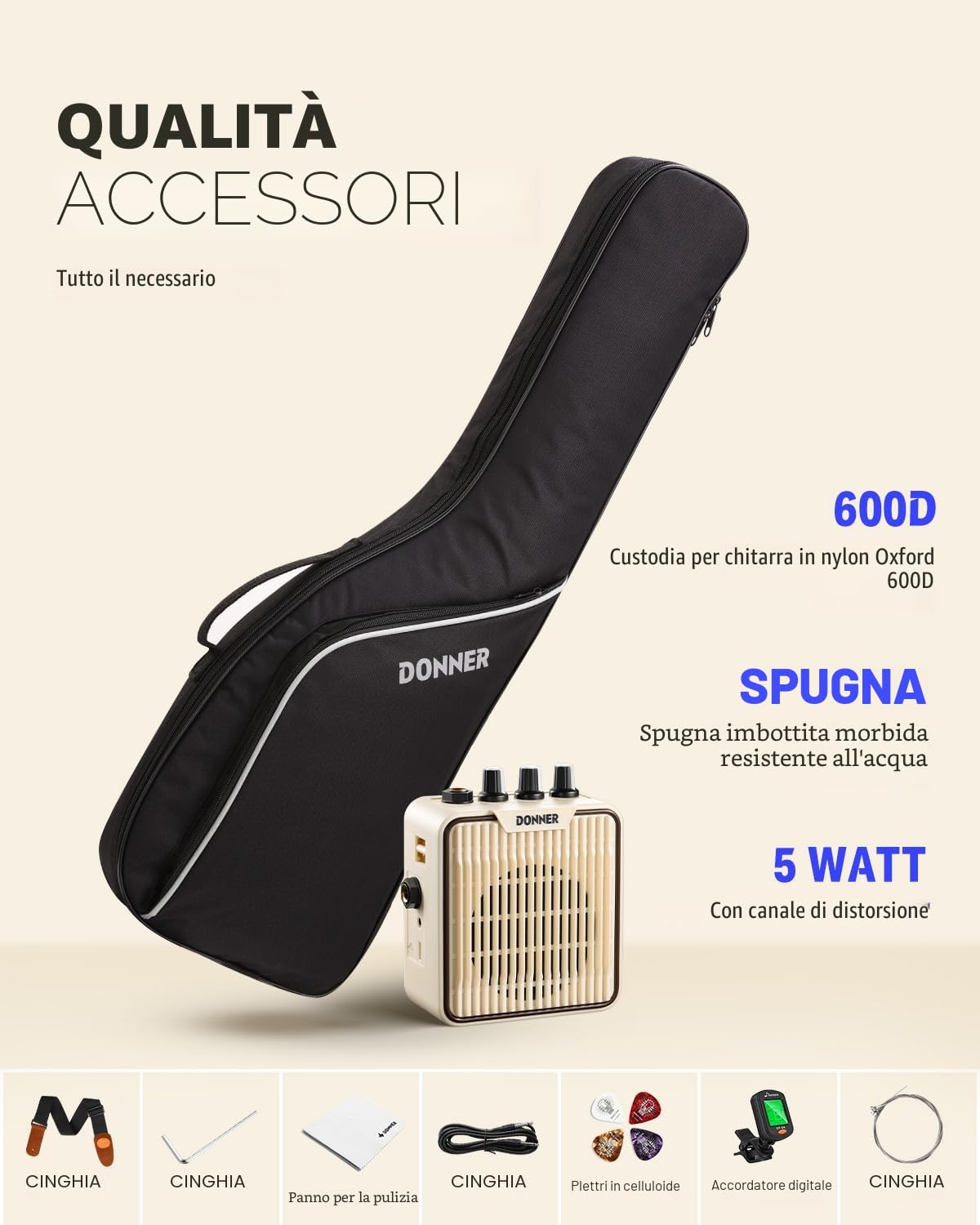Donner Kit per principianti per chitarra elettrica da 30 pollici, ST Style Mini chitarra Bundle con amplificatore, sintonizzatore, capo, borsa, cinghia, corda, cavo (DSJ-100, nero)