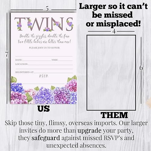 Miniatura 8 de AmandaCreation - Invitaciones florales de acuarela de hortensias azules y moradas para baby shower para gemelos, 20 tarjetas de relleno de 5 x 7