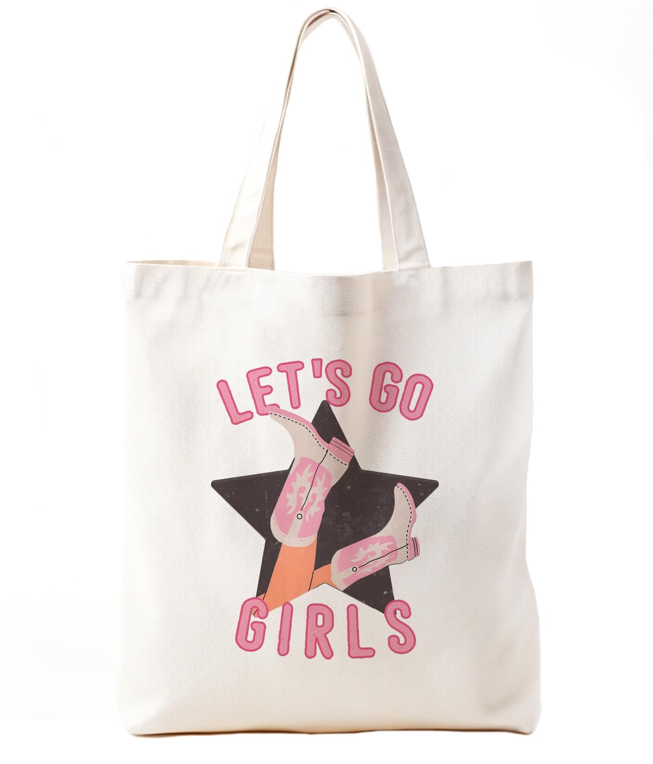 Zeghk Western Canvas Tote Bag for Women, Pink preppy Cowgirl Boot Let's Go Tote Bags, Cowgirl Gifts for Women, Shopping Bag Reusable Grocery